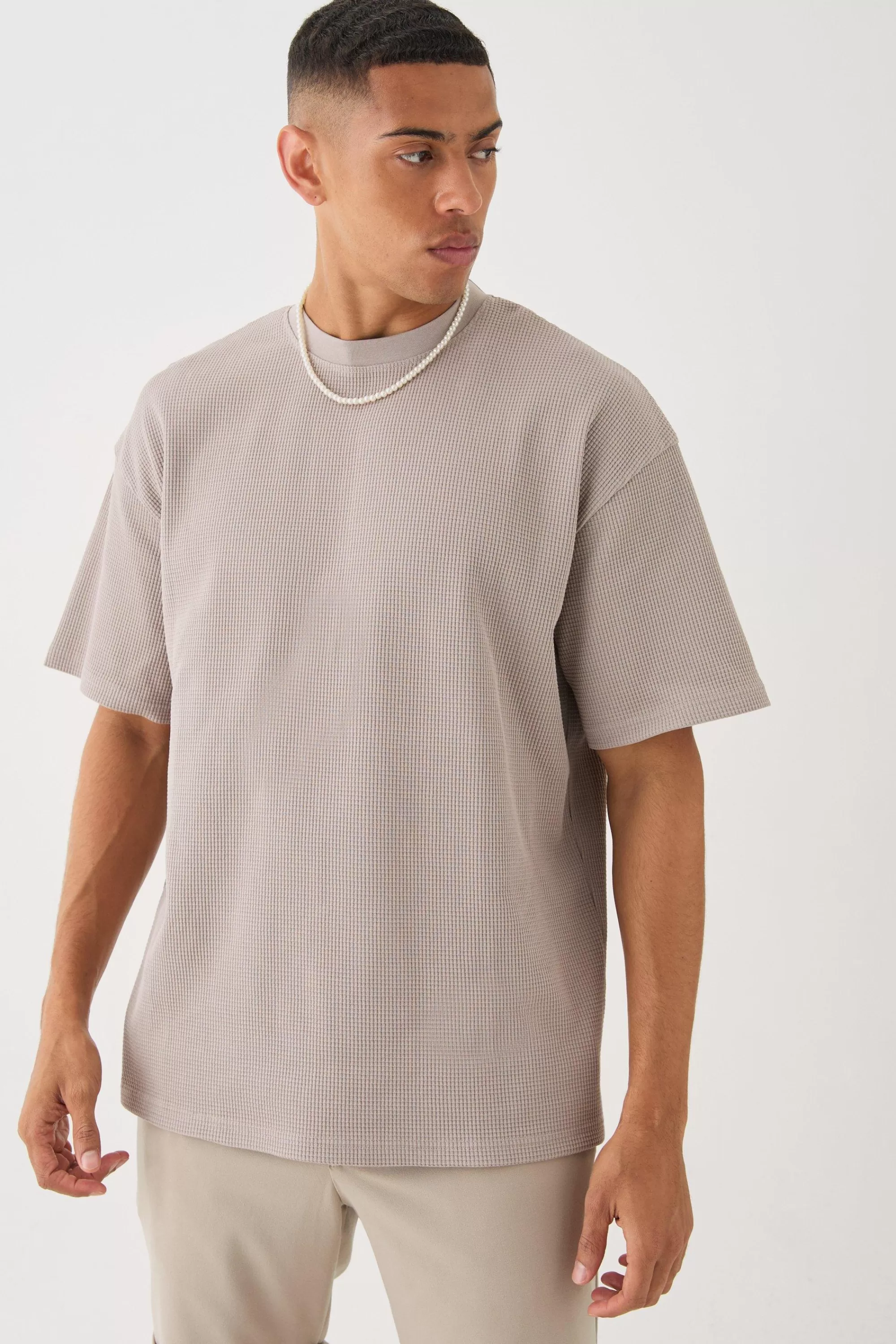 boohooMAN Oversized Waffle T-shirt | UK taupe Flash Sale