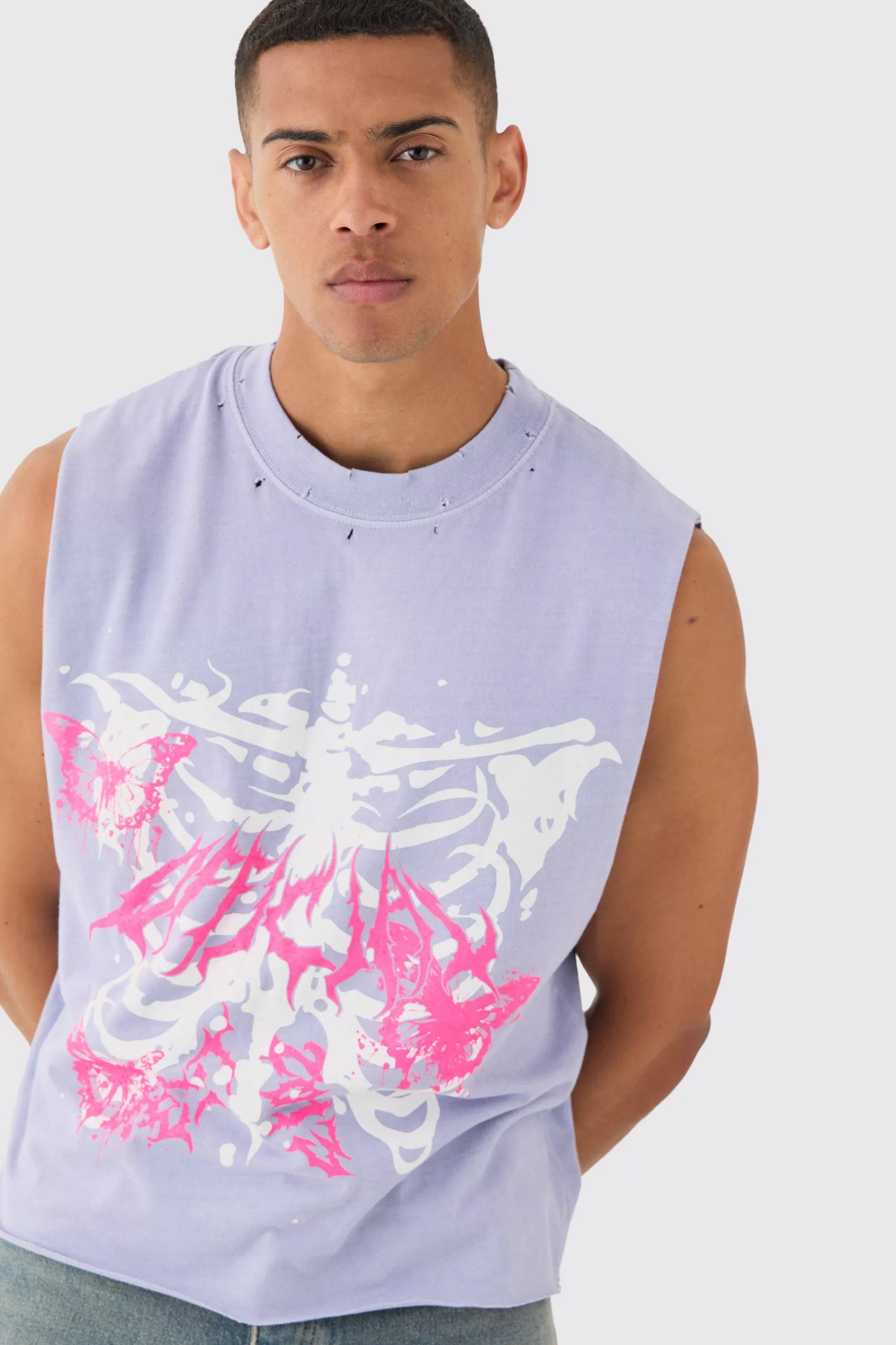 boohooMAN Oversized Wash Boxy Gothic Graffiti Distressed Tank | UK lilac New