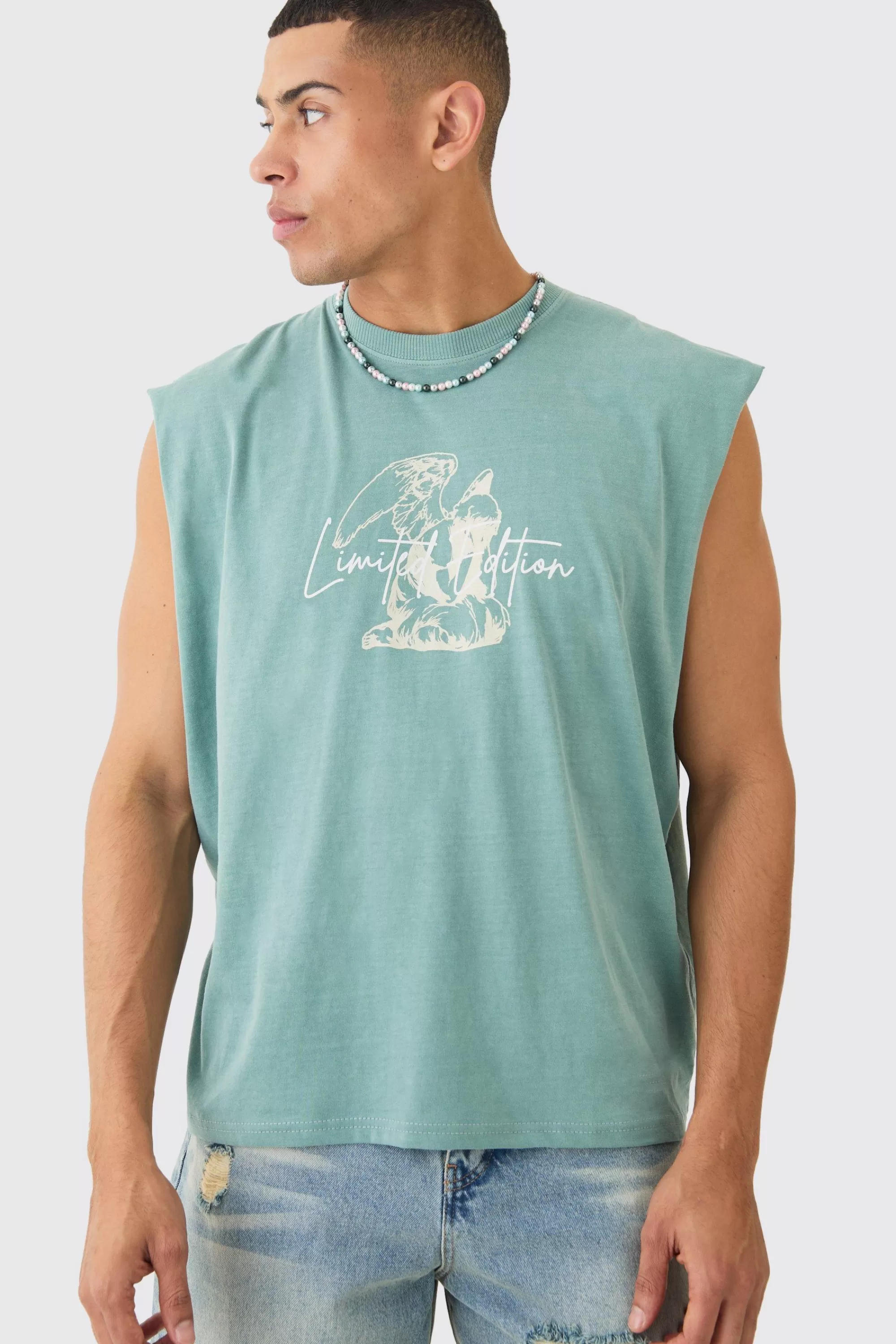 boohooMAN Oversized Wash Boxy Gothic Renaissance Cherub Tank | UK sage Online