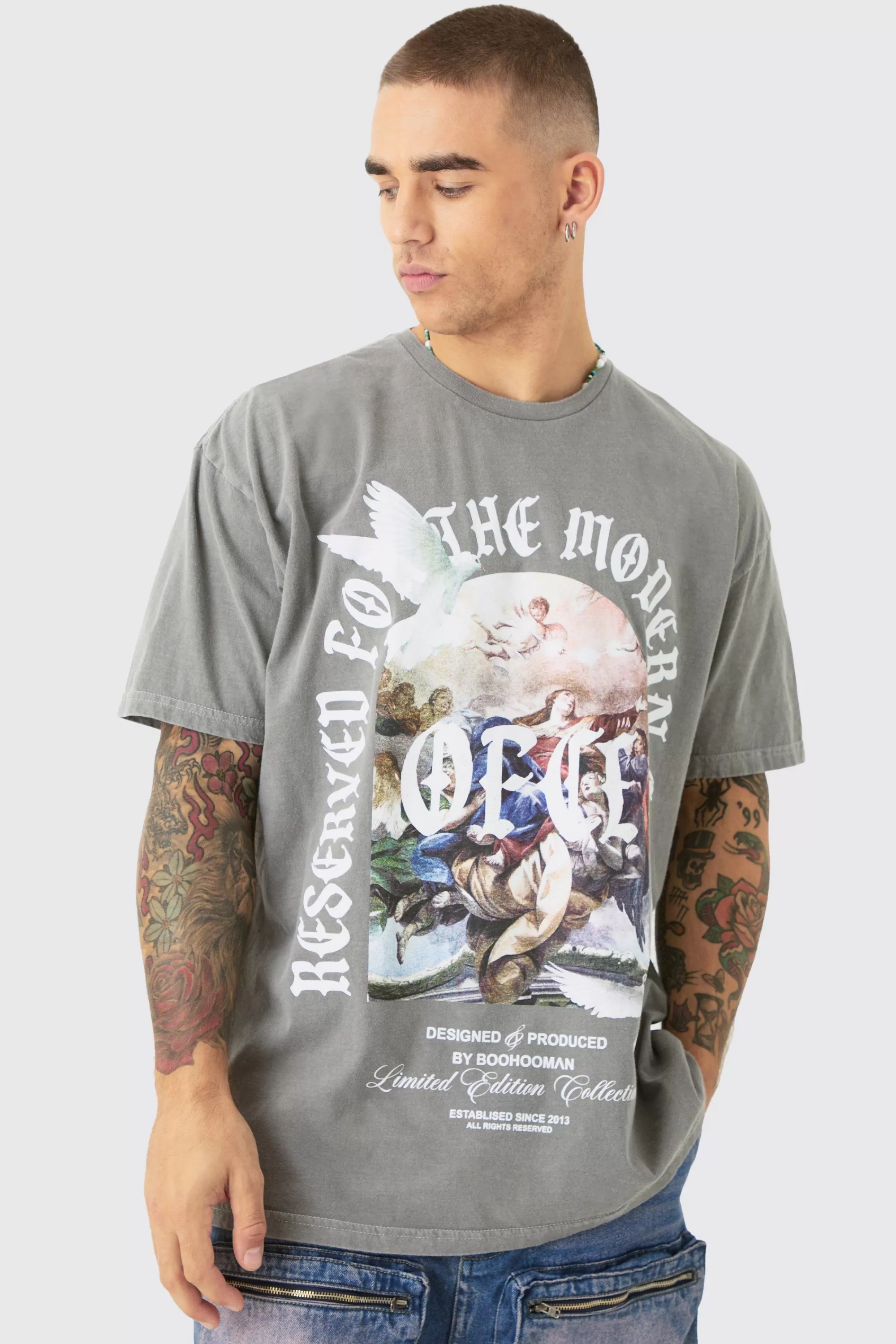 boohooMAN Oversized Wash Renaissance Ofcl Print T-shirt | UK grey Store