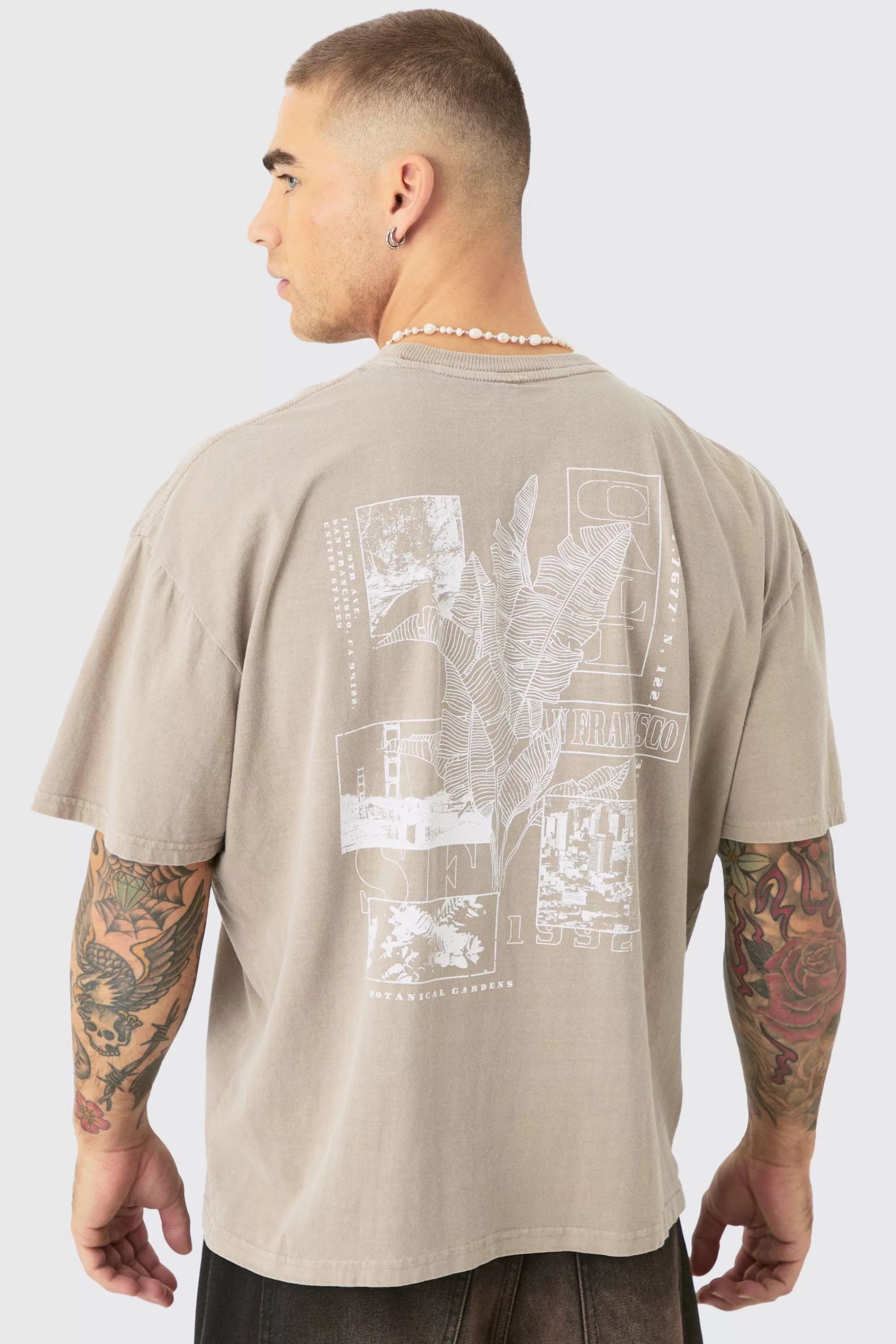 boohooMAN Oversized Wash Stencil Back Print T-shirt | UK taupe New