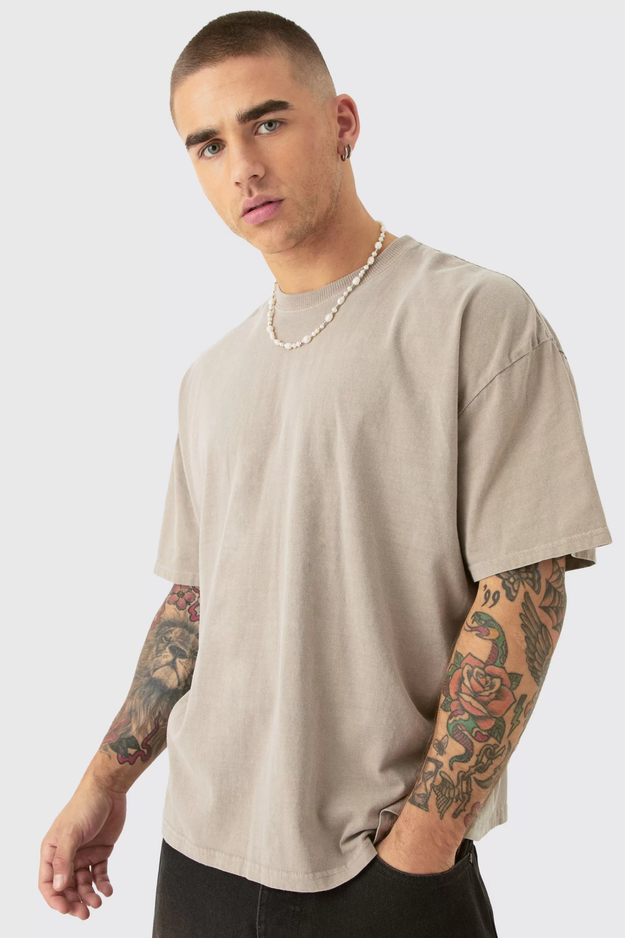 boohooMAN Oversized Wash Stencil Back Print T-shirt | UK taupe New