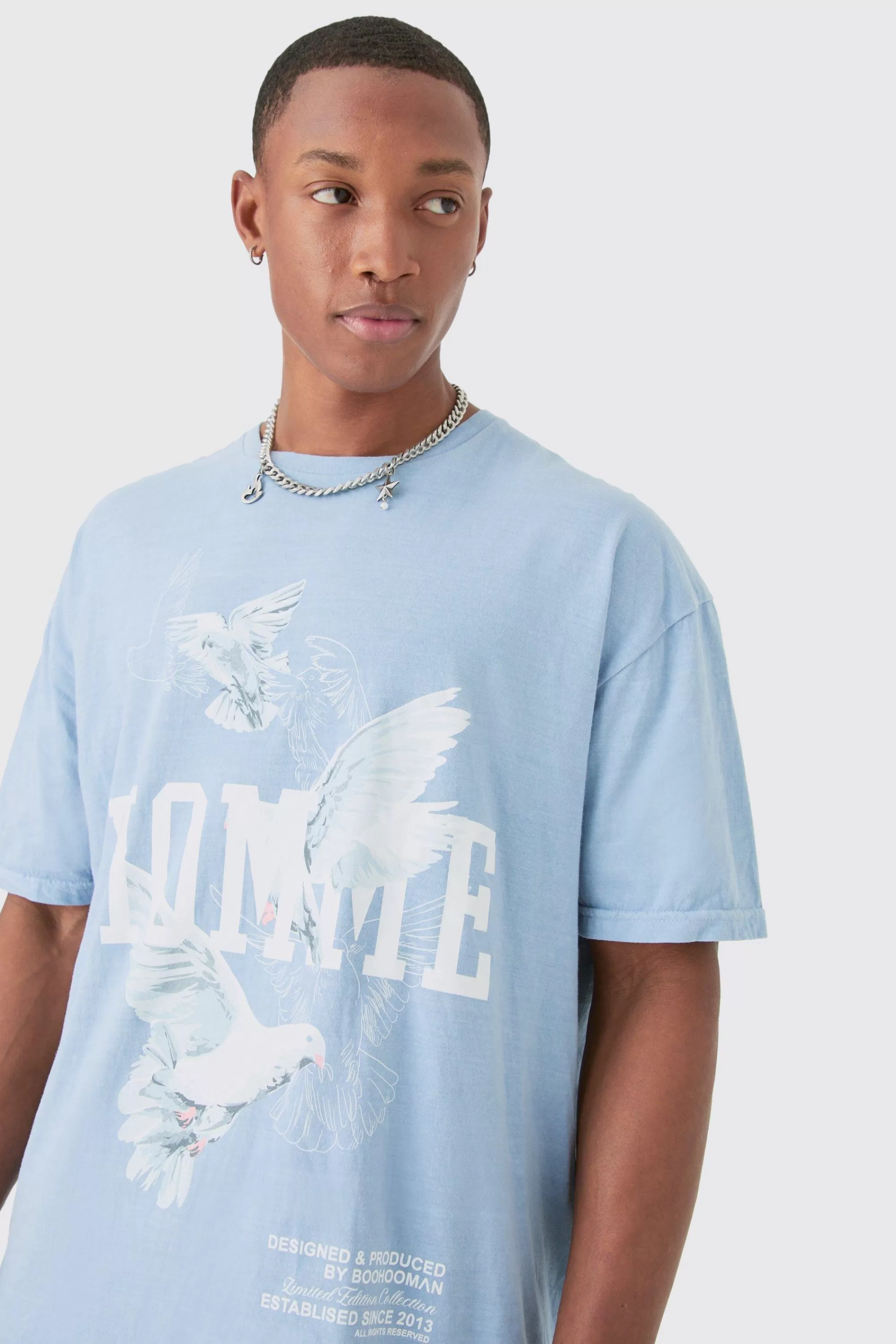 boohooMAN Oversized Washed Dove Print T-shirt | UK blue Cheap