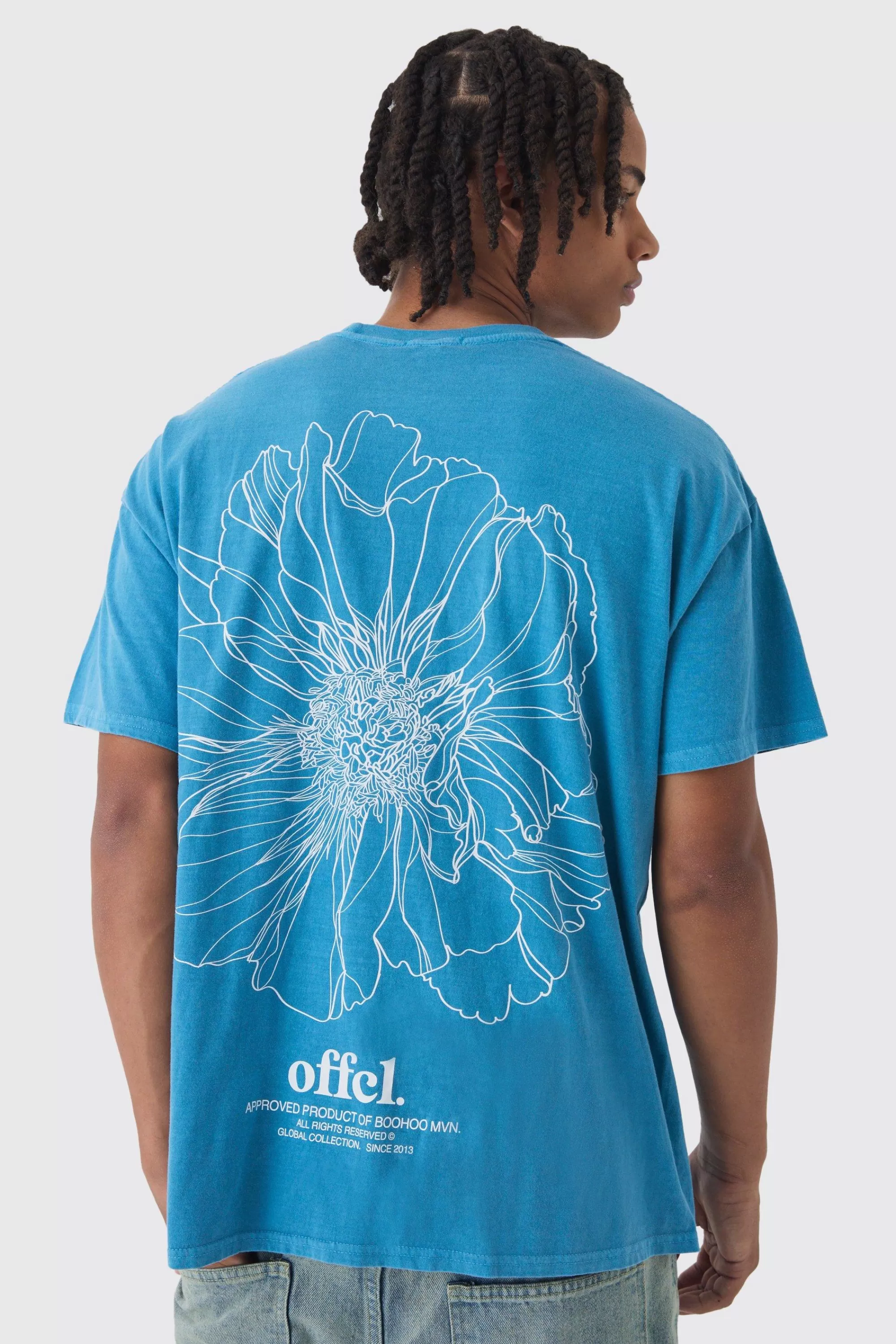 boohooMAN Oversized Washed Floral Line Drawing Back Print T-Shirt | UK teal New