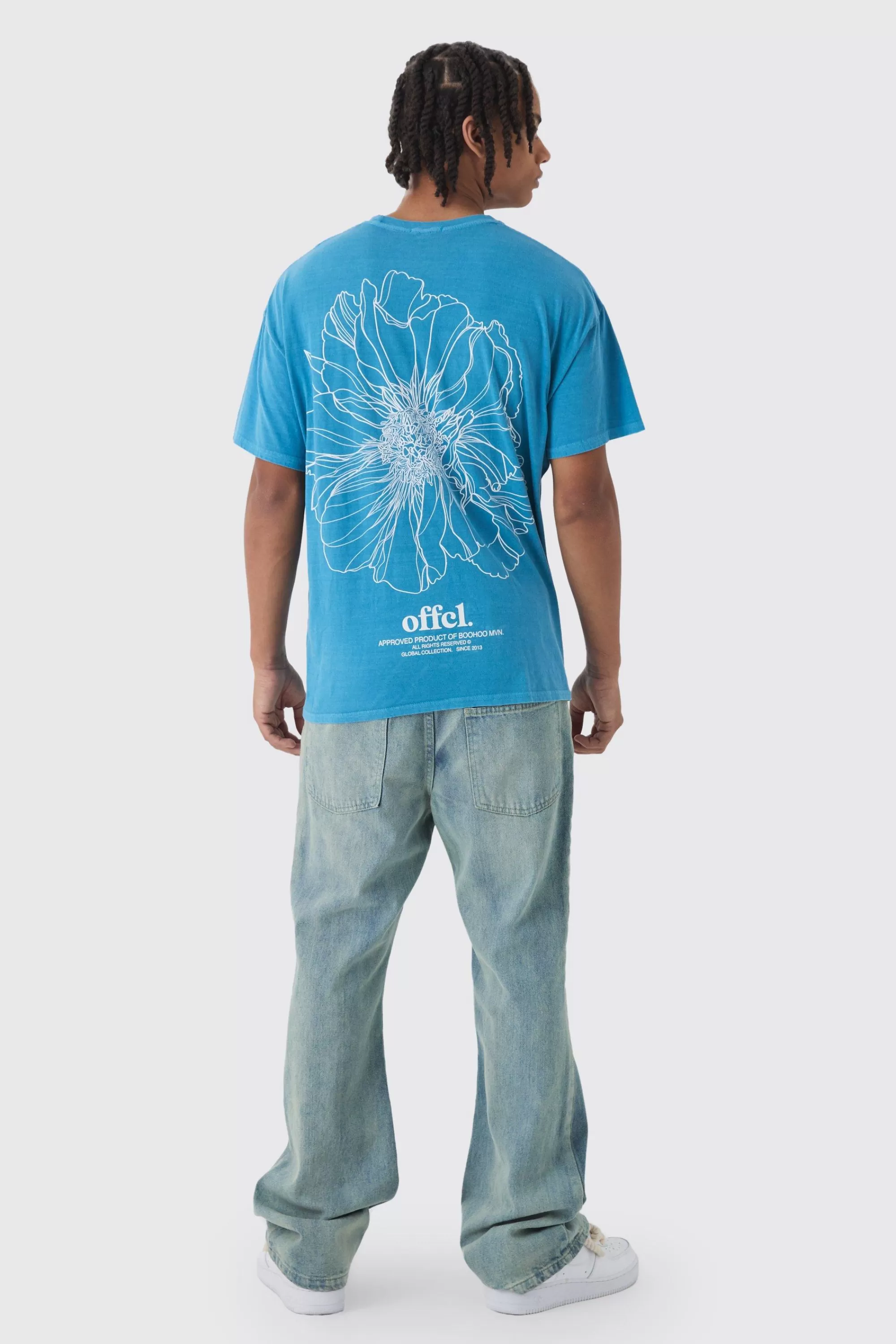 boohooMAN Oversized Washed Floral Line Drawing Back Print T-Shirt | UK teal New