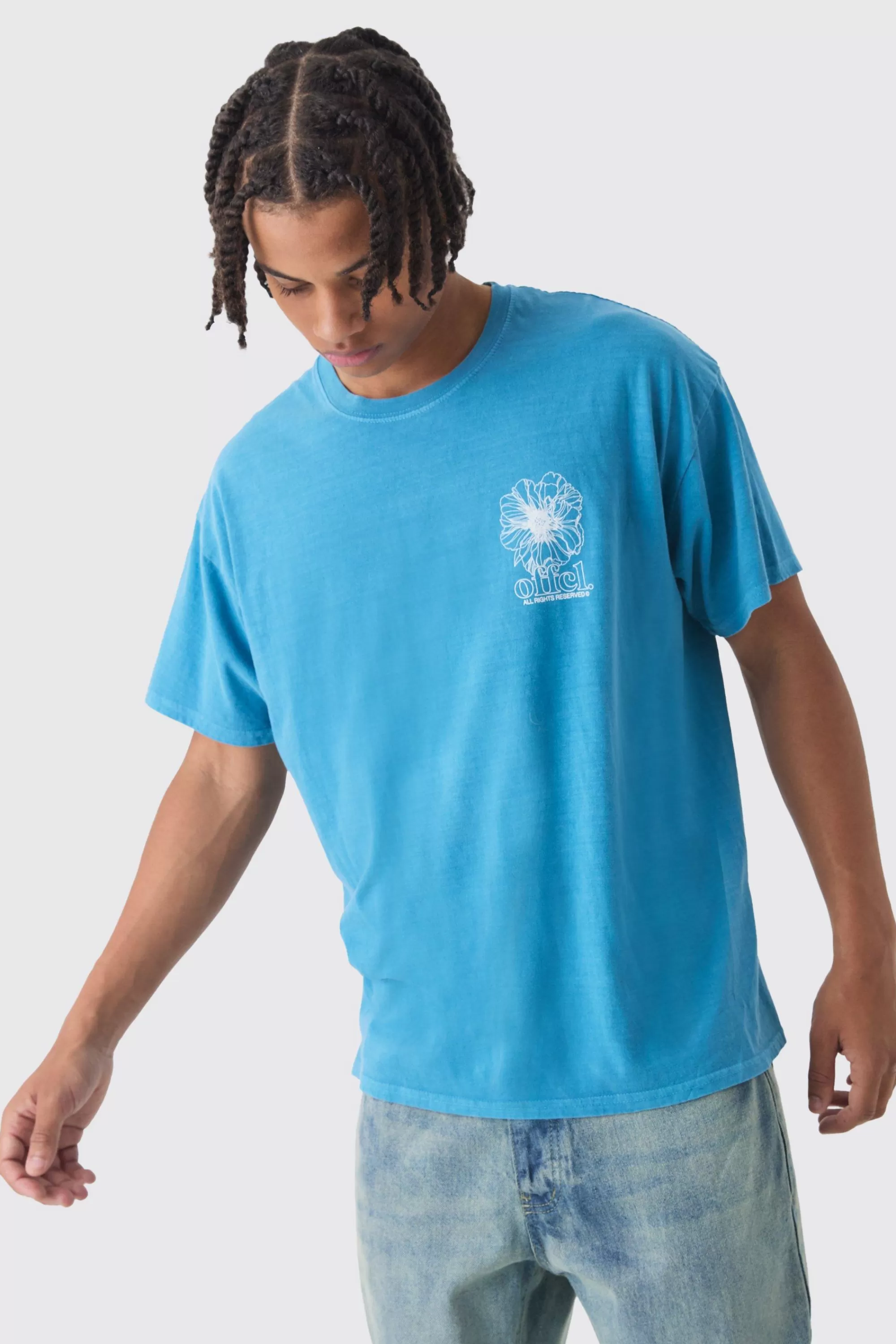 boohooMAN Oversized Washed Floral Line Drawing Back Print T-Shirt | UK teal New
