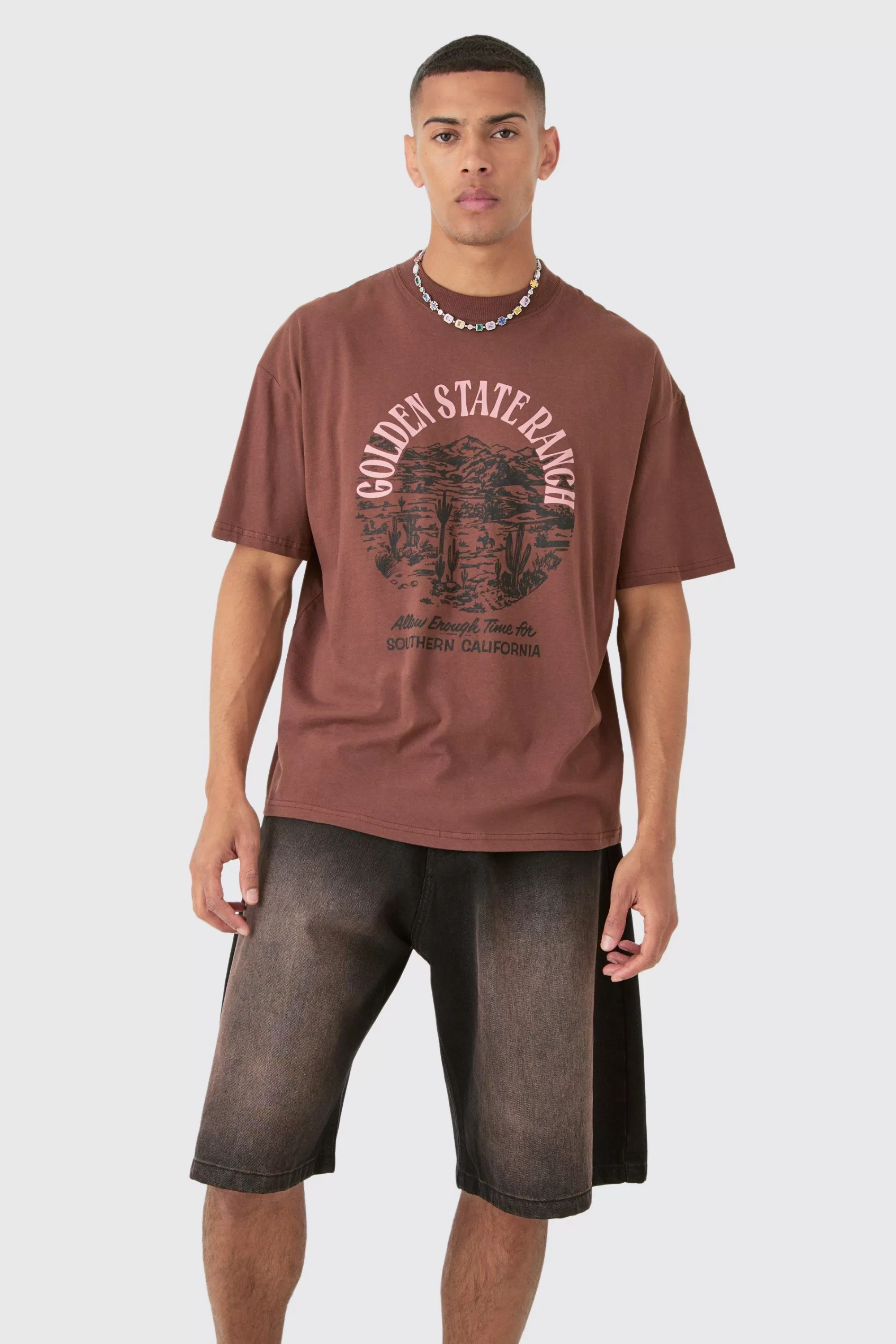boohooMAN Oversized Washed Golden State Ranch T-shirt | UK chocolate Outlet