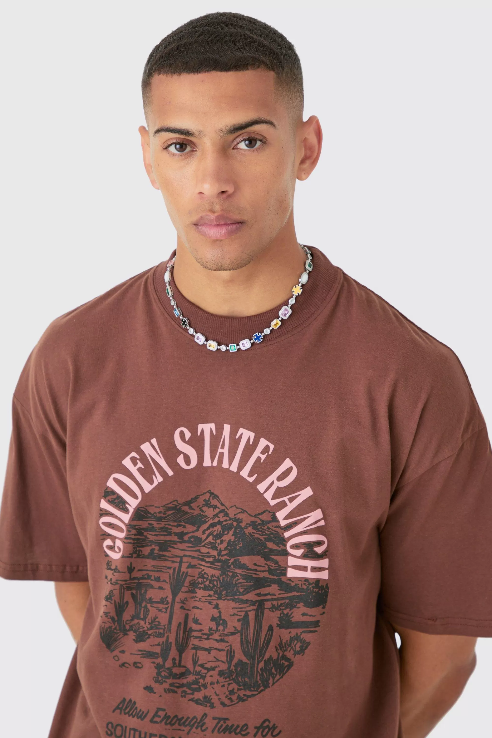 boohooMAN Oversized Washed Golden State Ranch T-shirt | UK chocolate Outlet