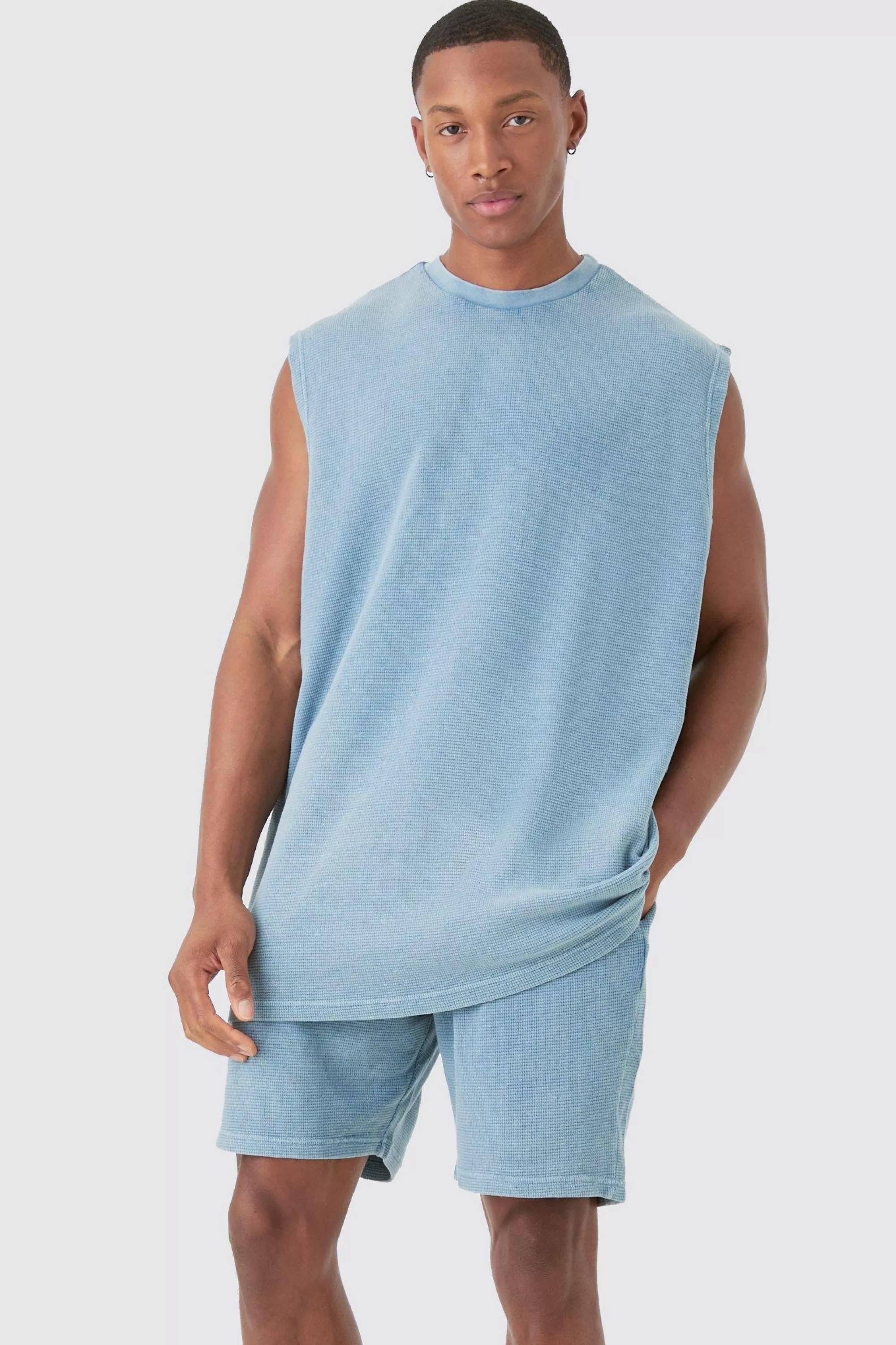 boohooMAN Oversized Washed Heavyweight Waffle Tank & Shorts Set | UK blue Hot