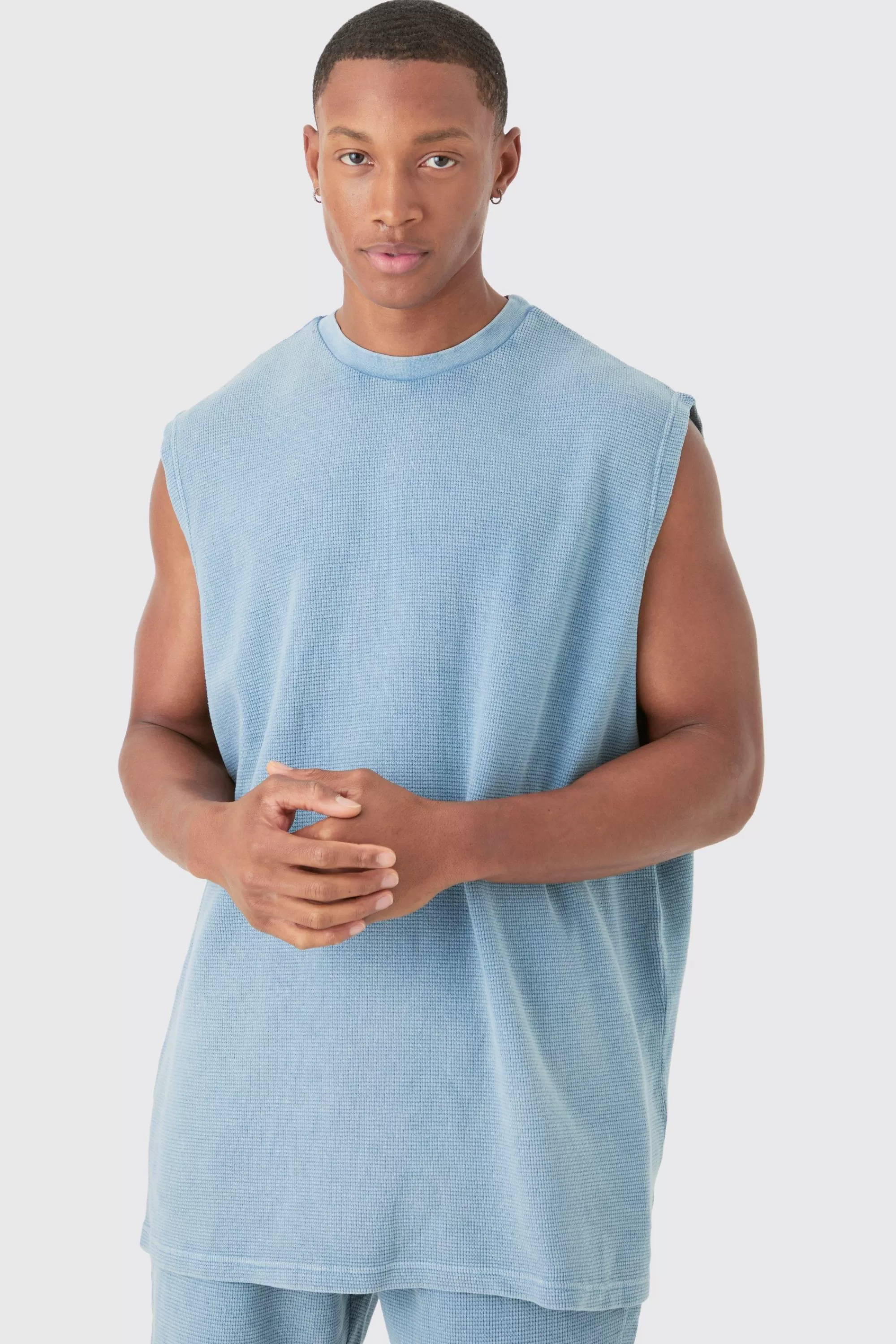 boohooMAN Oversized Washed Heavyweight Waffle Tank & Shorts Set | UK blue Hot