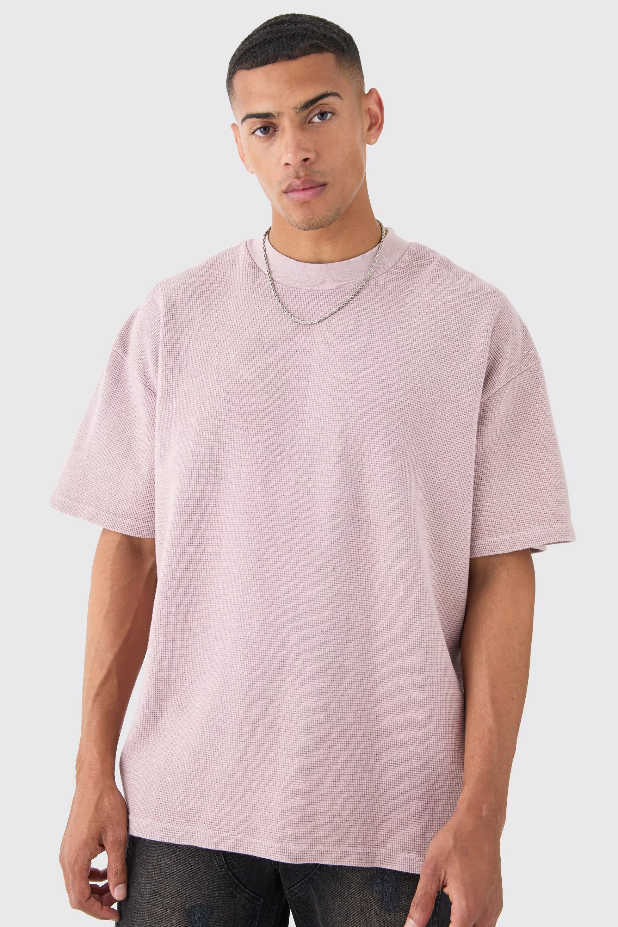 boohooMAN Oversized Washed Heavyweight Waffle T-shirt | UK pink Best
