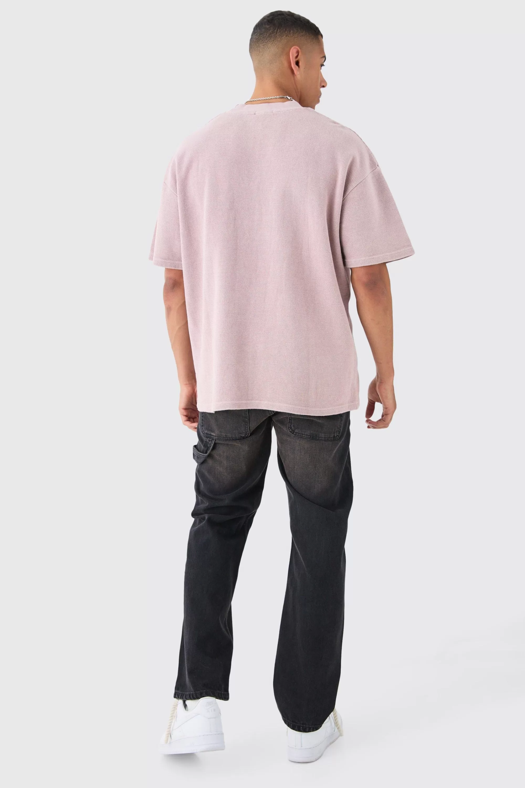 boohooMAN Oversized Washed Heavyweight Waffle T-shirt | UK pink Best