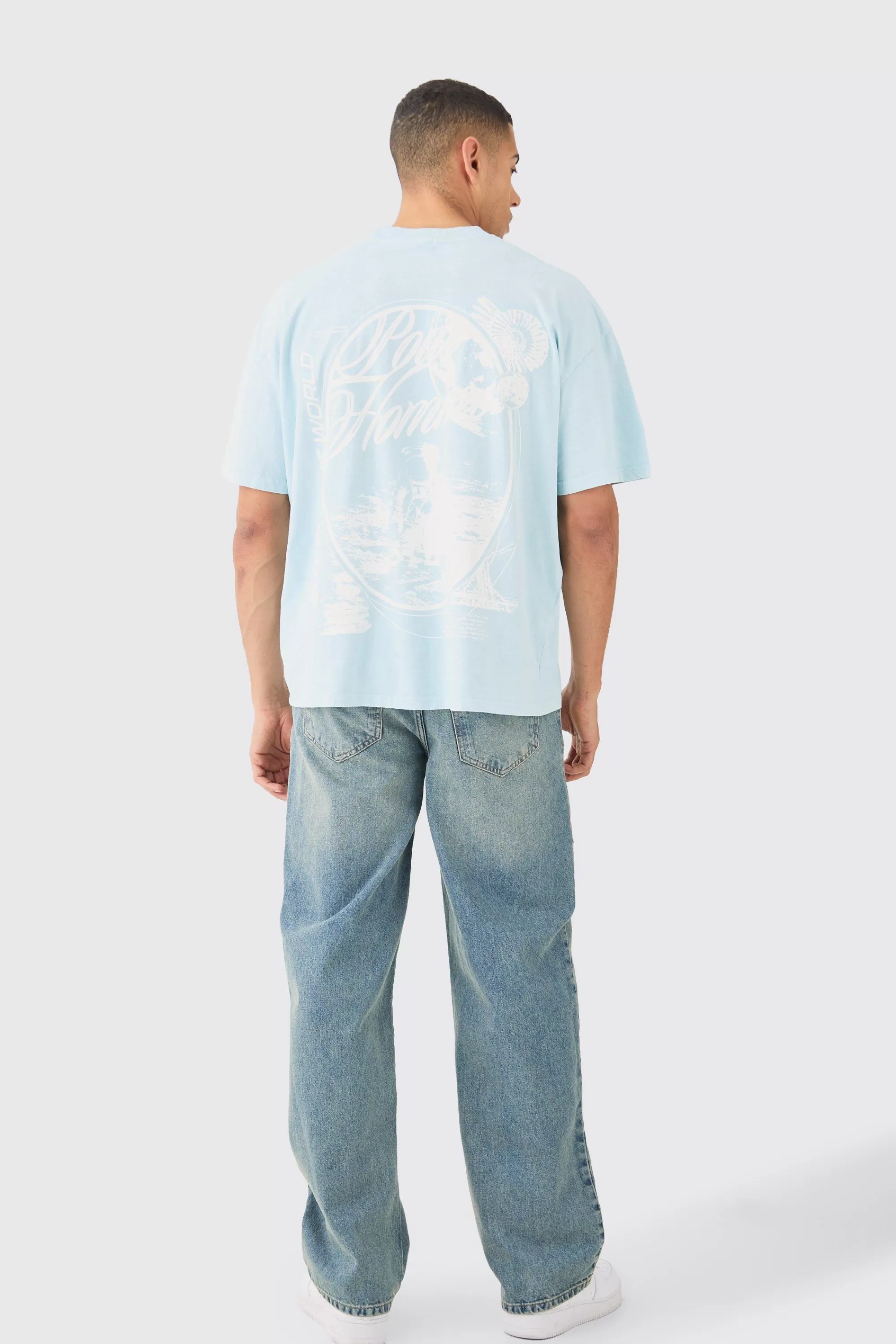 boohooMAN Oversized Washed Pour Homme Space T-shirt | UK light blue Discount