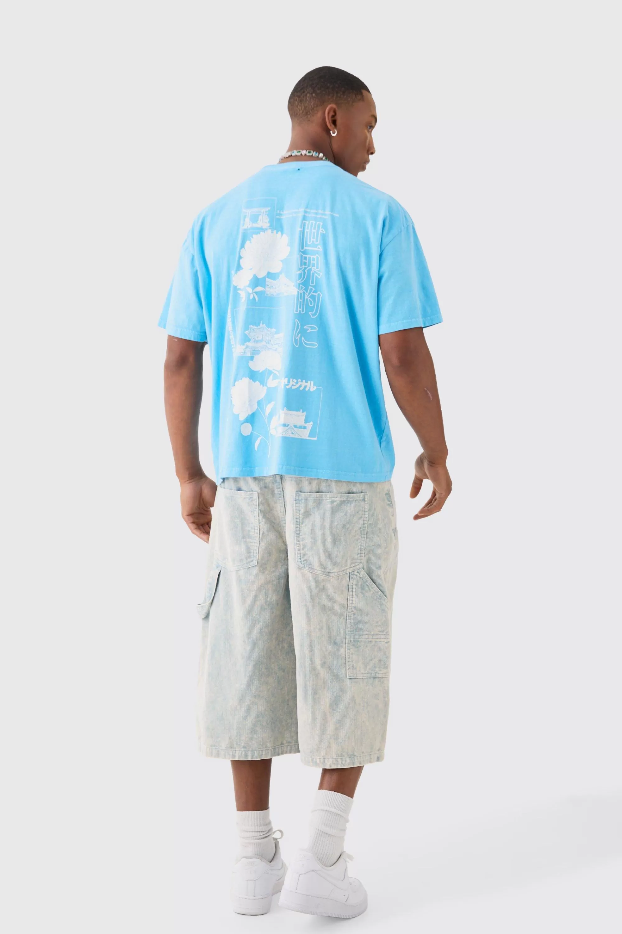 boohooMAN Oversized Washed Stencil Floral Back Print T-shirt | UK light blue Discount