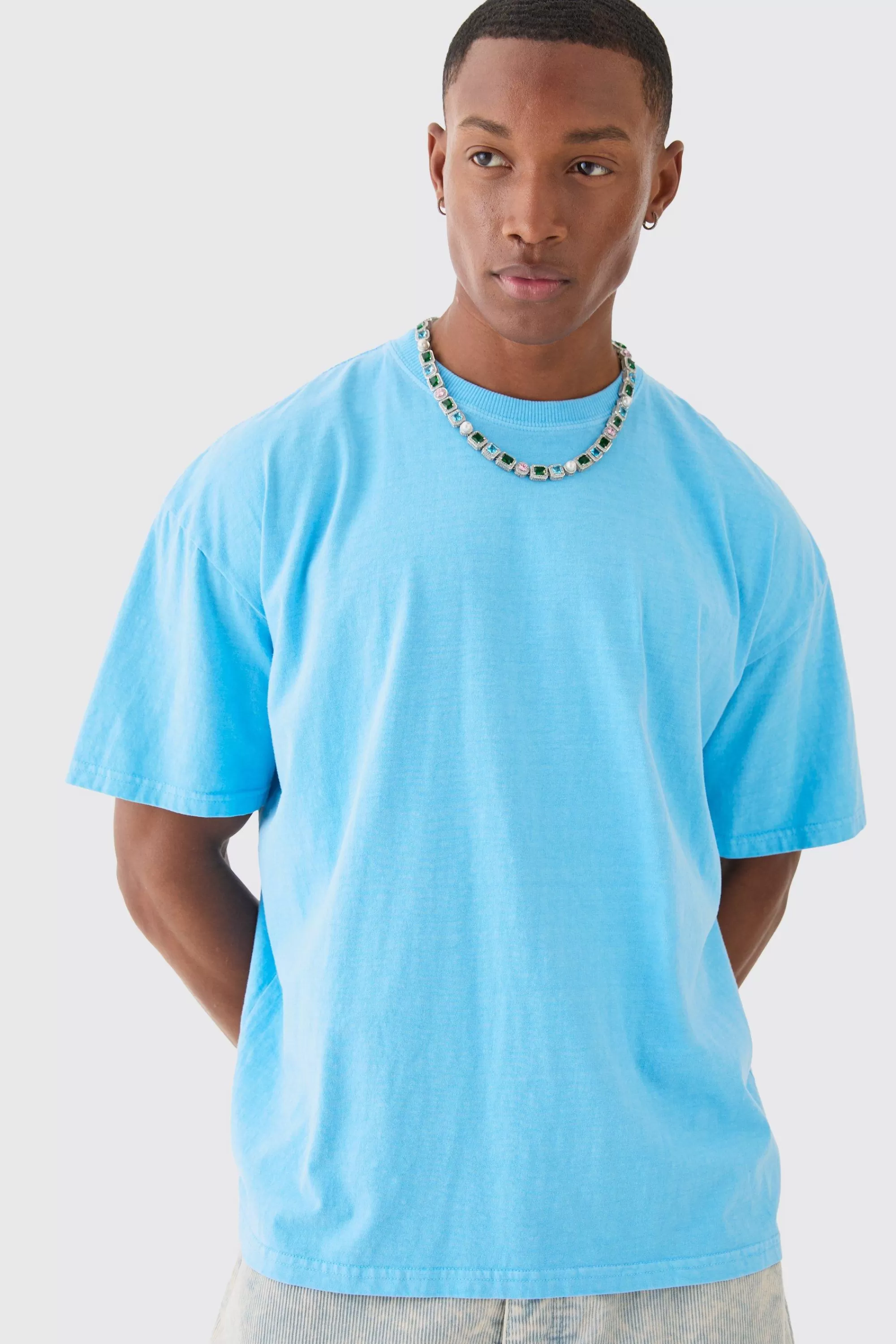 boohooMAN Oversized Washed Stencil Floral Back Print T-shirt | UK light blue Discount