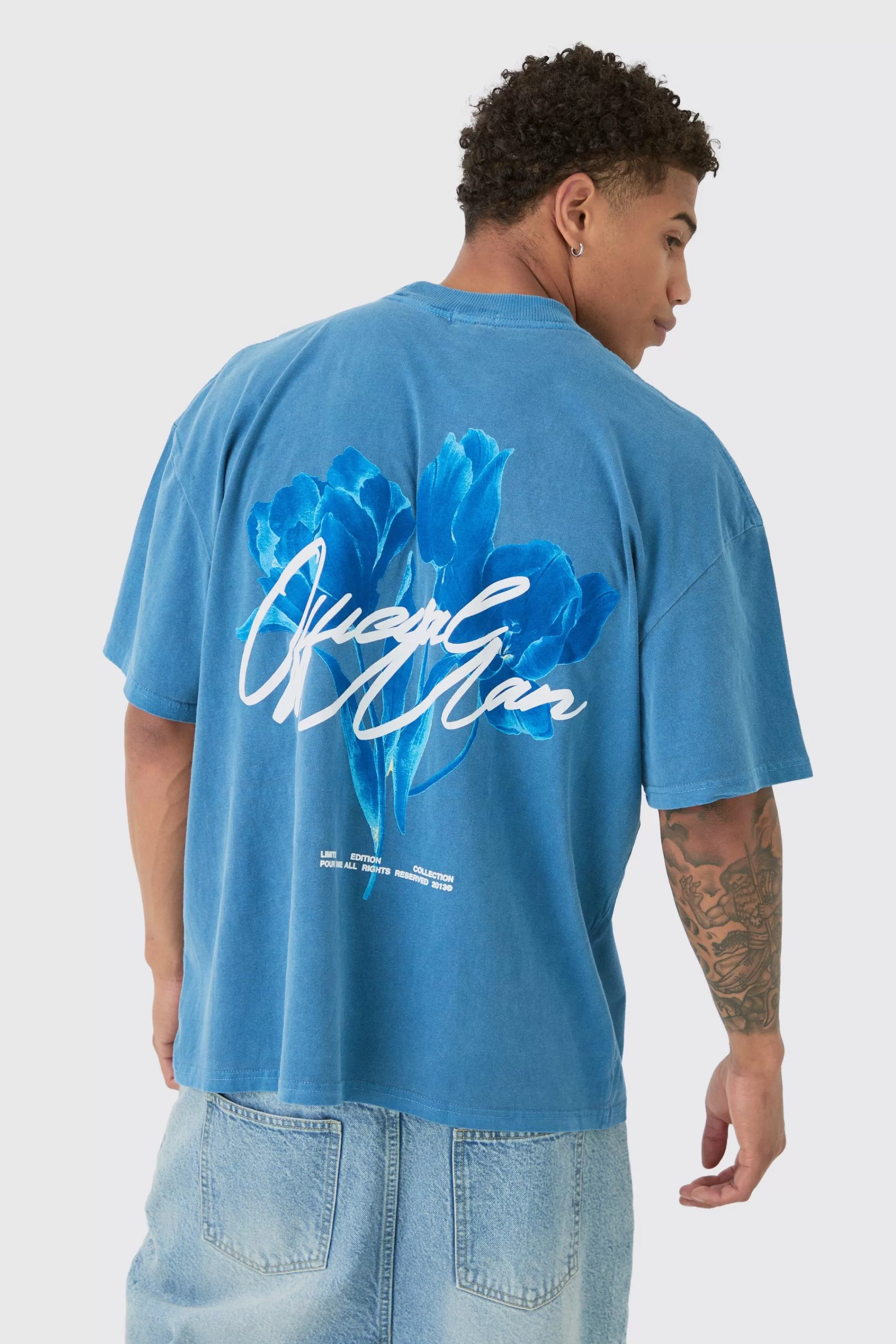 boohooMAN Oversized Washed Tonal Floral Print T-shirt | UK blue Sale
