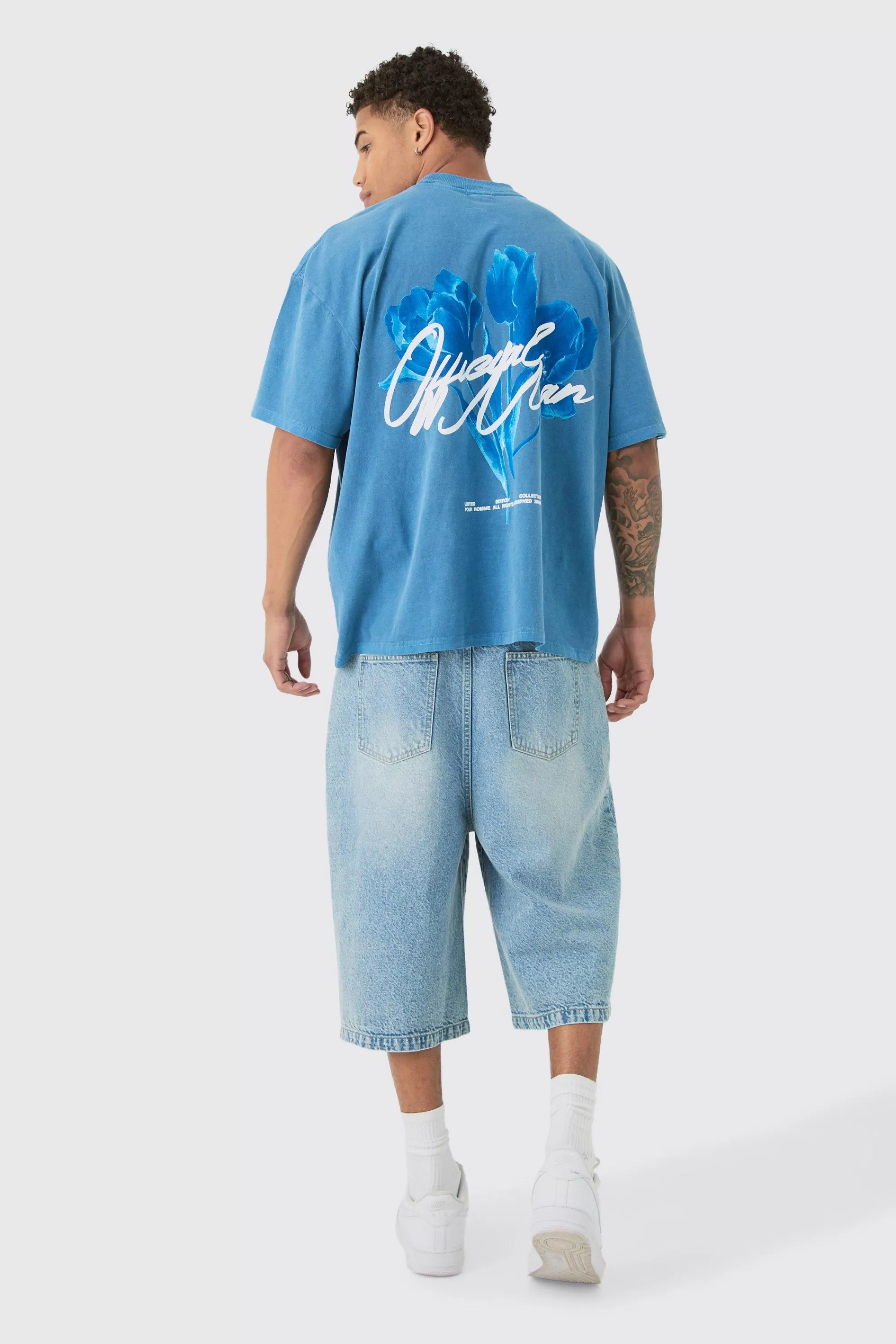 boohooMAN Oversized Washed Tonal Floral Print T-shirt | UK blue Sale