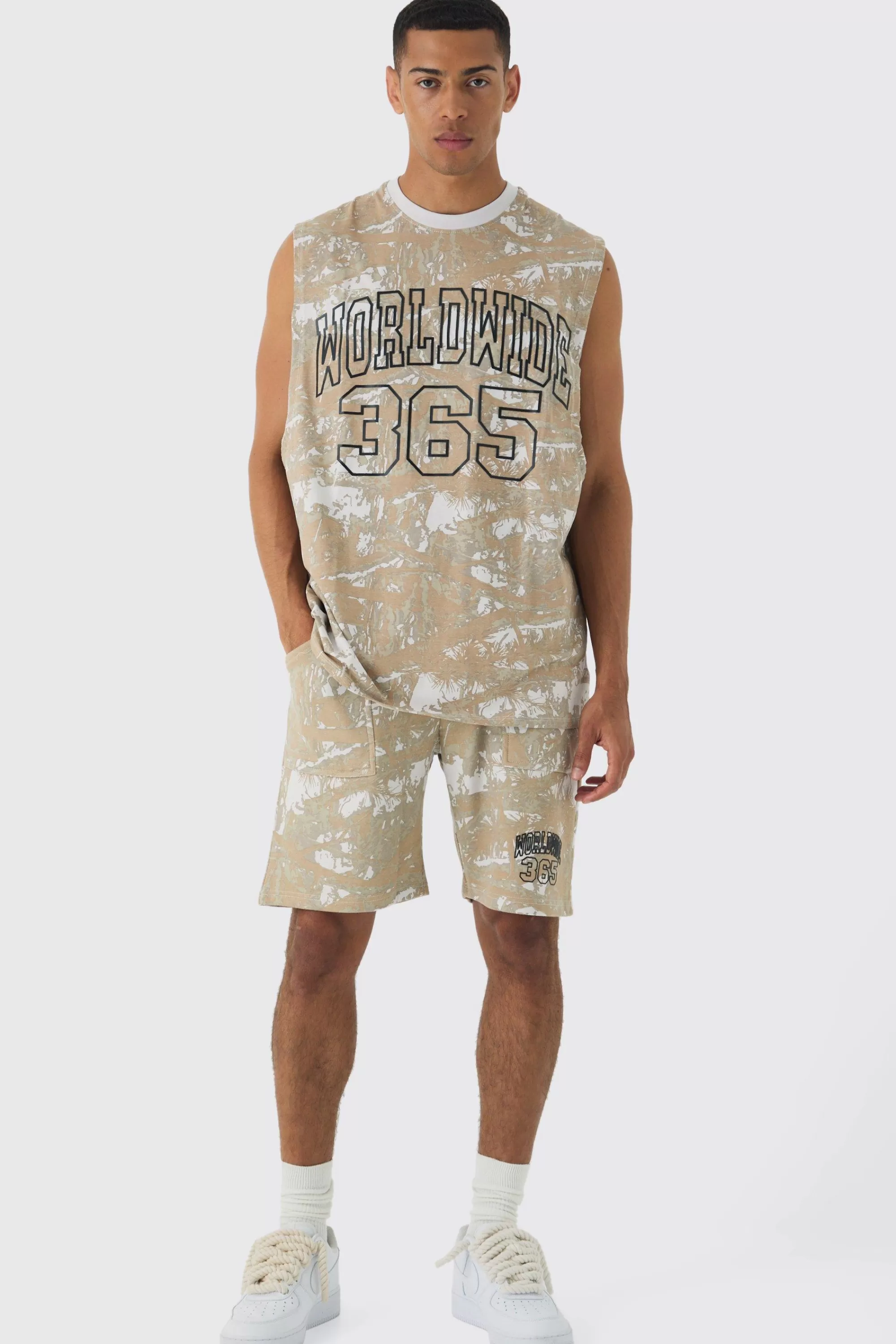 boohooMAN Oversized Worldwide Forest Tank & Short Set | UK stone New
