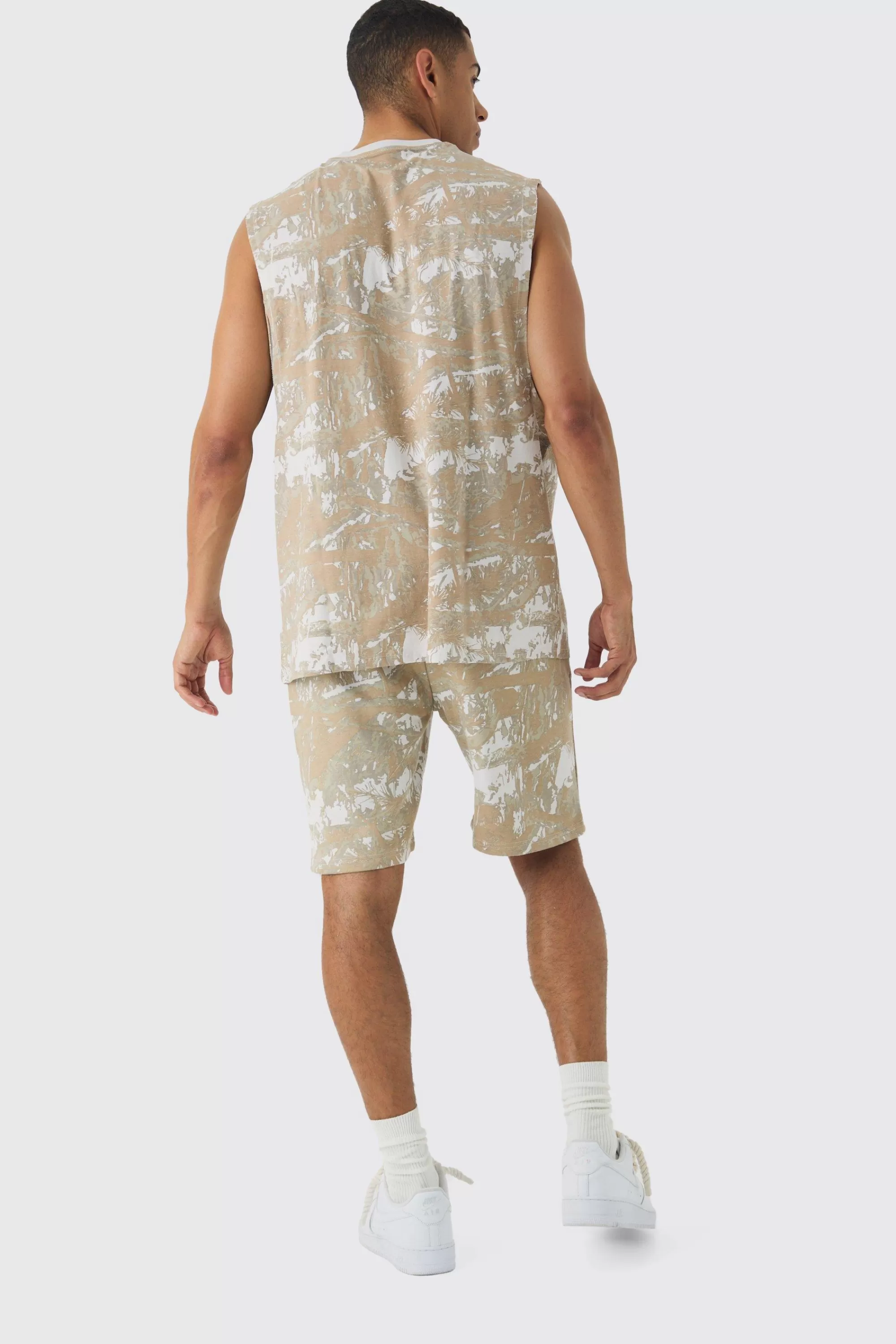 boohooMAN Oversized Worldwide Forest Tank & Short Set | UK stone New