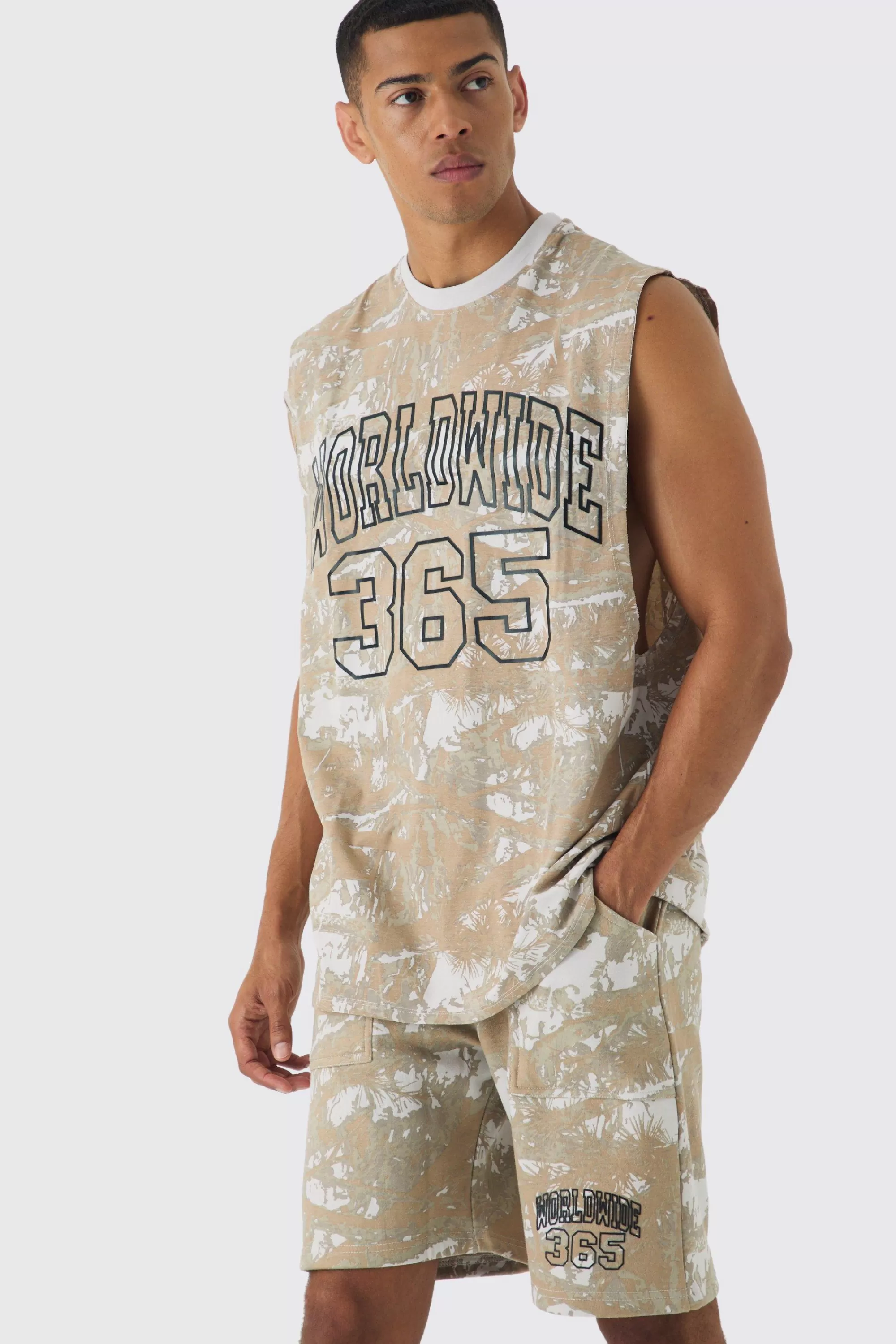 boohooMAN Oversized Worldwide Forest Tank & Short Set | UK stone New