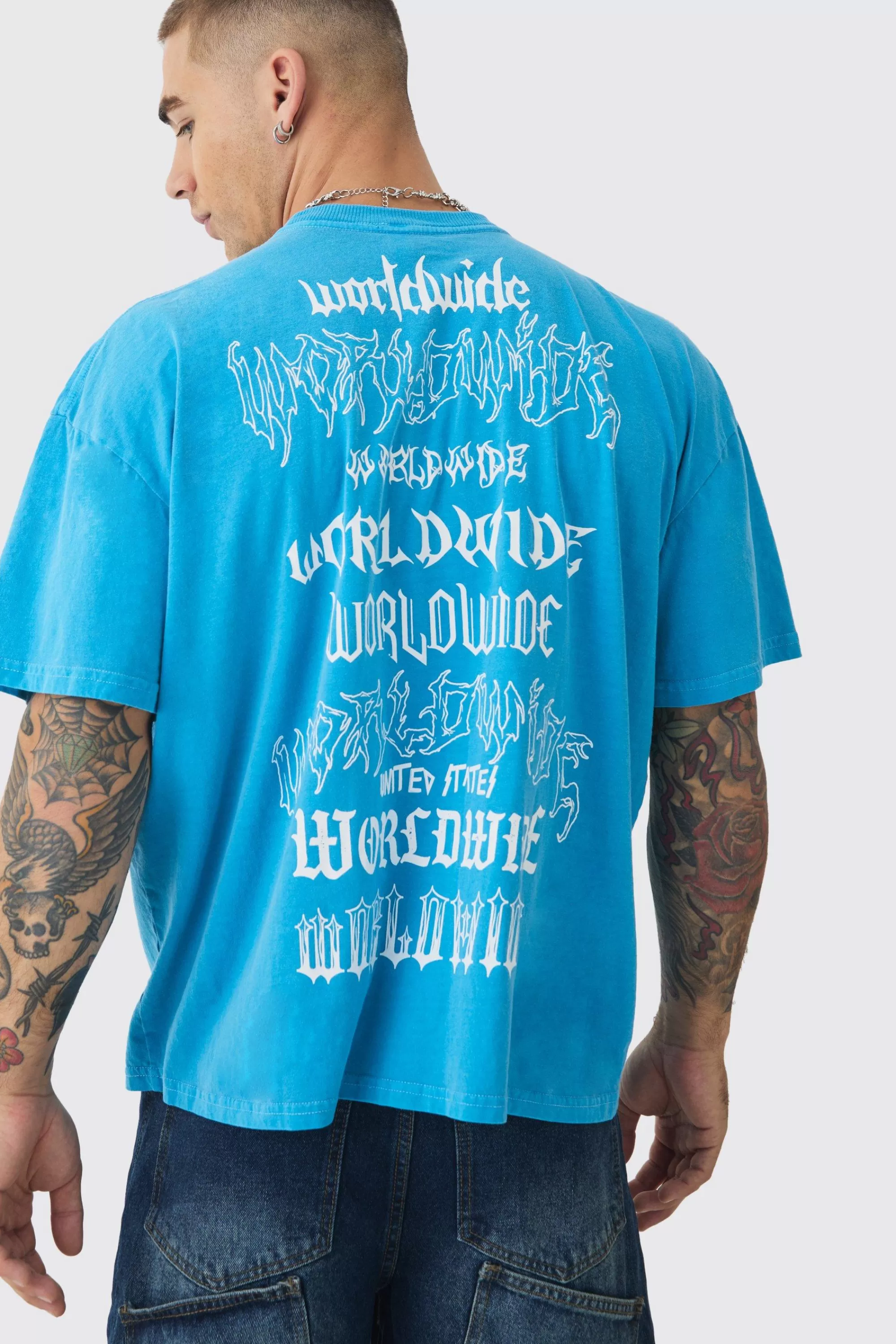 boohooMAN Oversized Worldwide Gothic Print T-shirt | UK blue Flash Sale