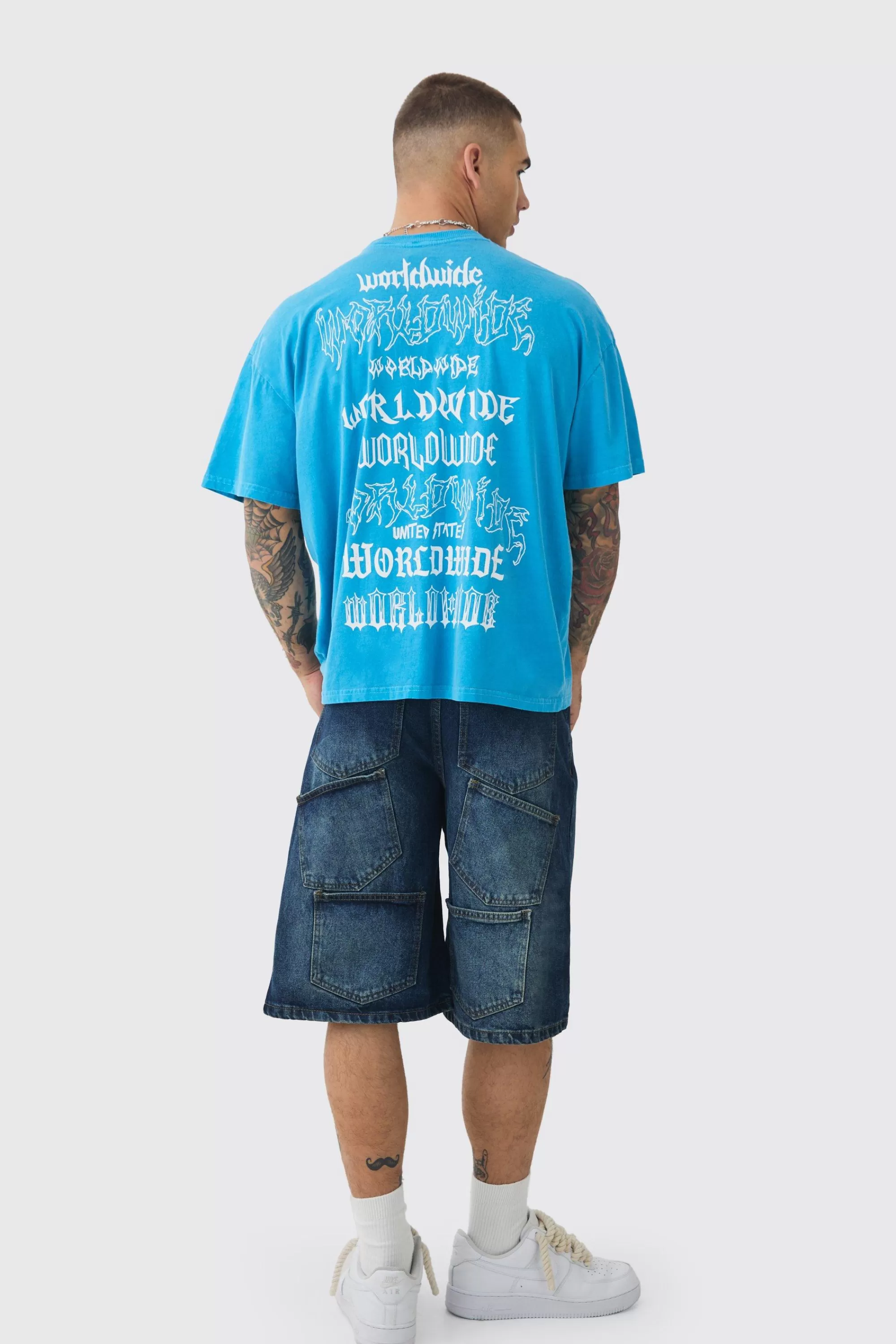 boohooMAN Oversized Worldwide Gothic Print T-shirt | UK blue Flash Sale