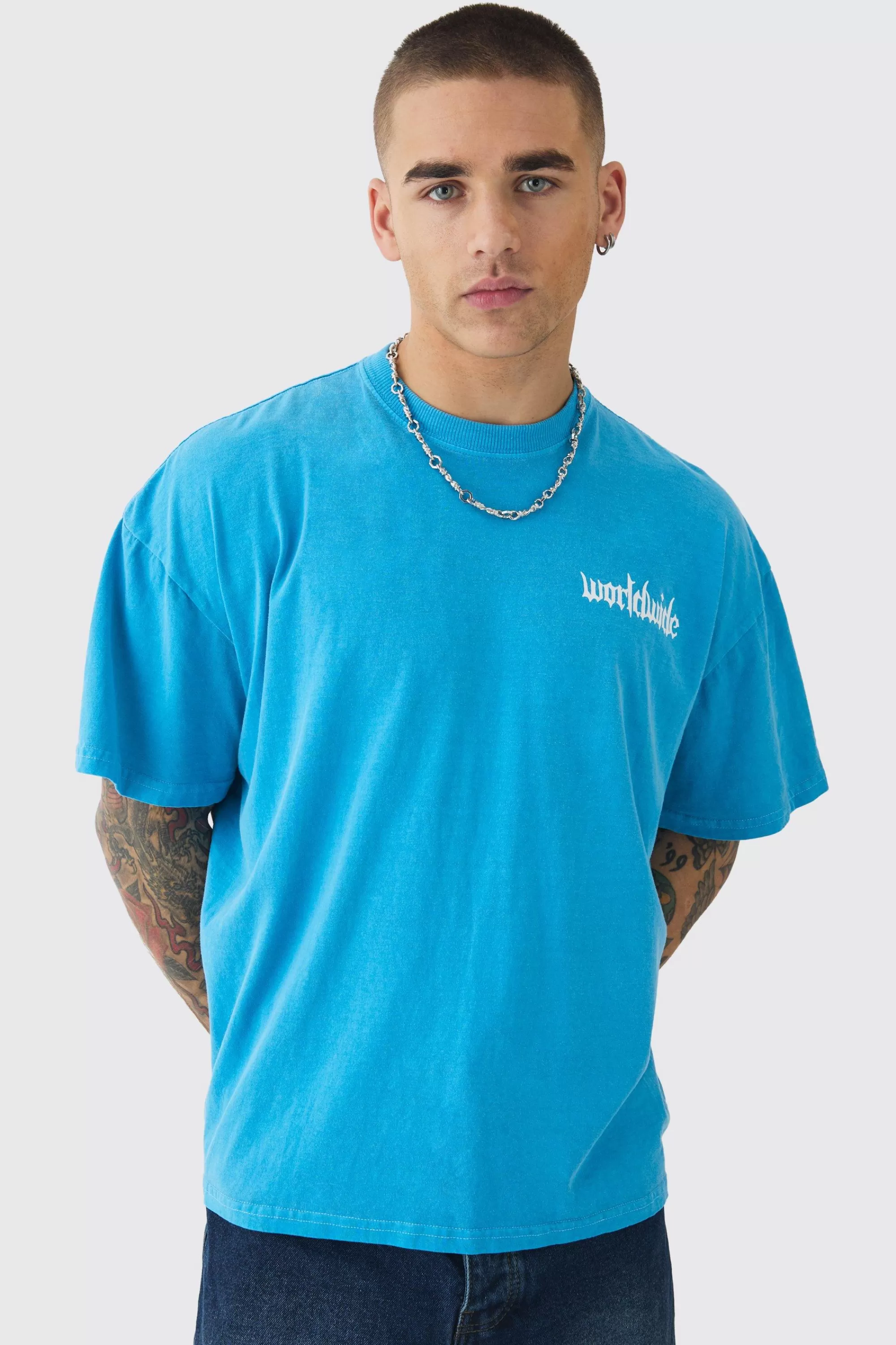 boohooMAN Oversized Worldwide Gothic Print T-shirt | UK blue Flash Sale