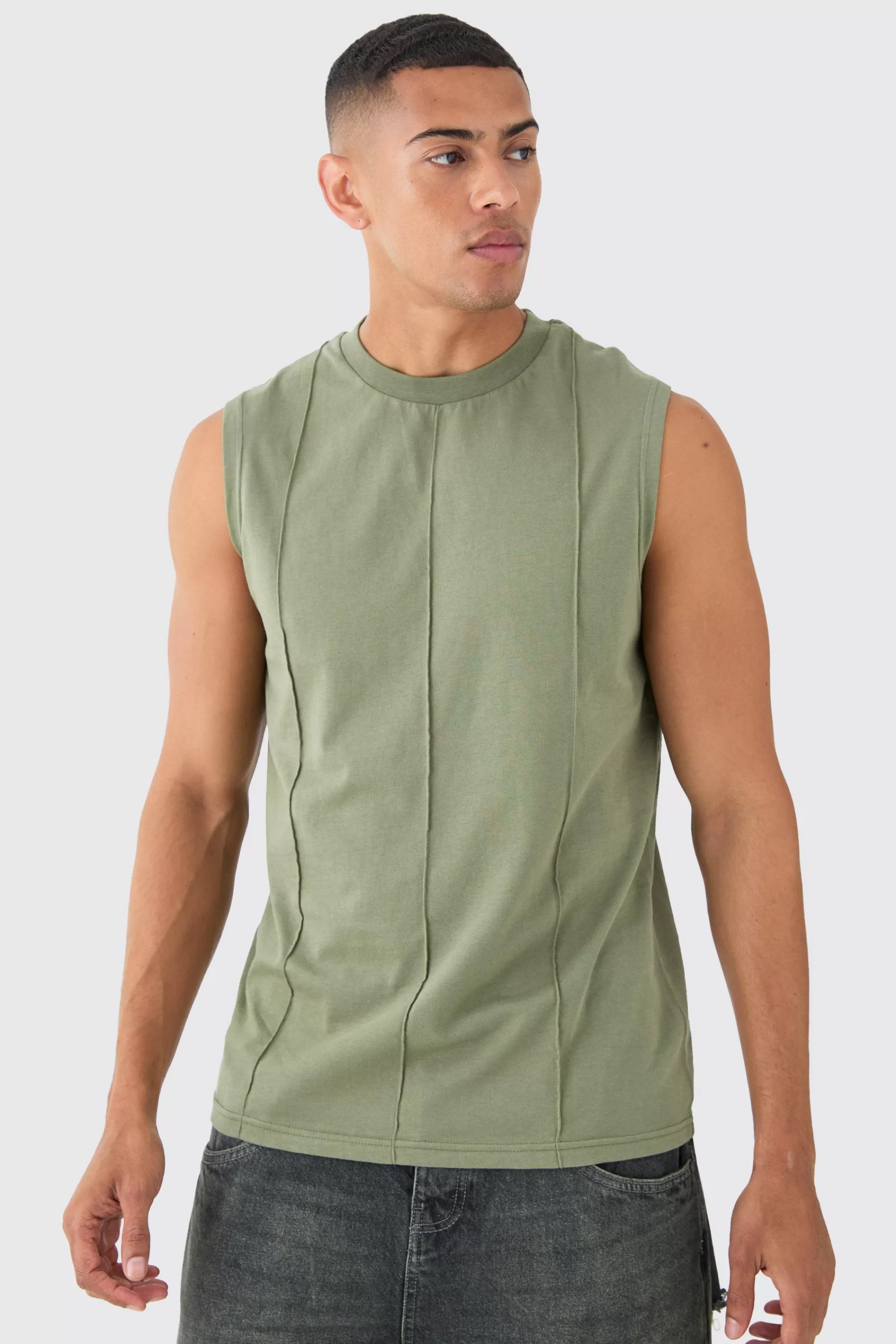 boohooMAN Pintuck Tank | UK khaki Fashion