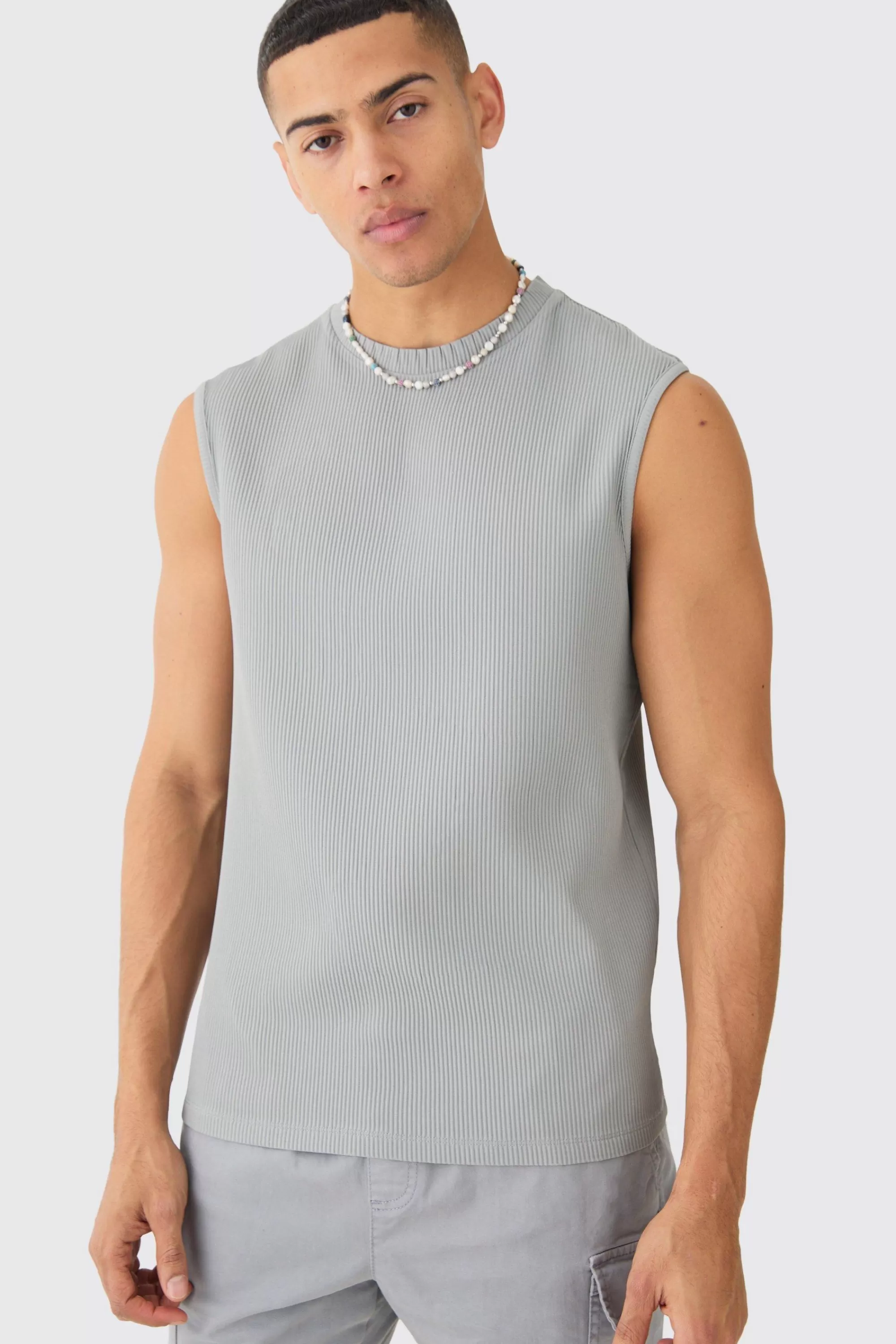 boohooMAN Pleated Sleeveless Tank | UK light grey Best