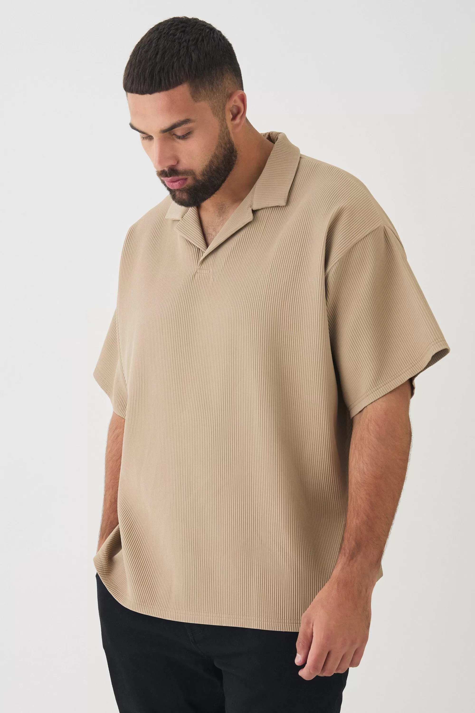 boohooMAN Plus Drop Revere Pleated Polo In | UK taupe Cheap