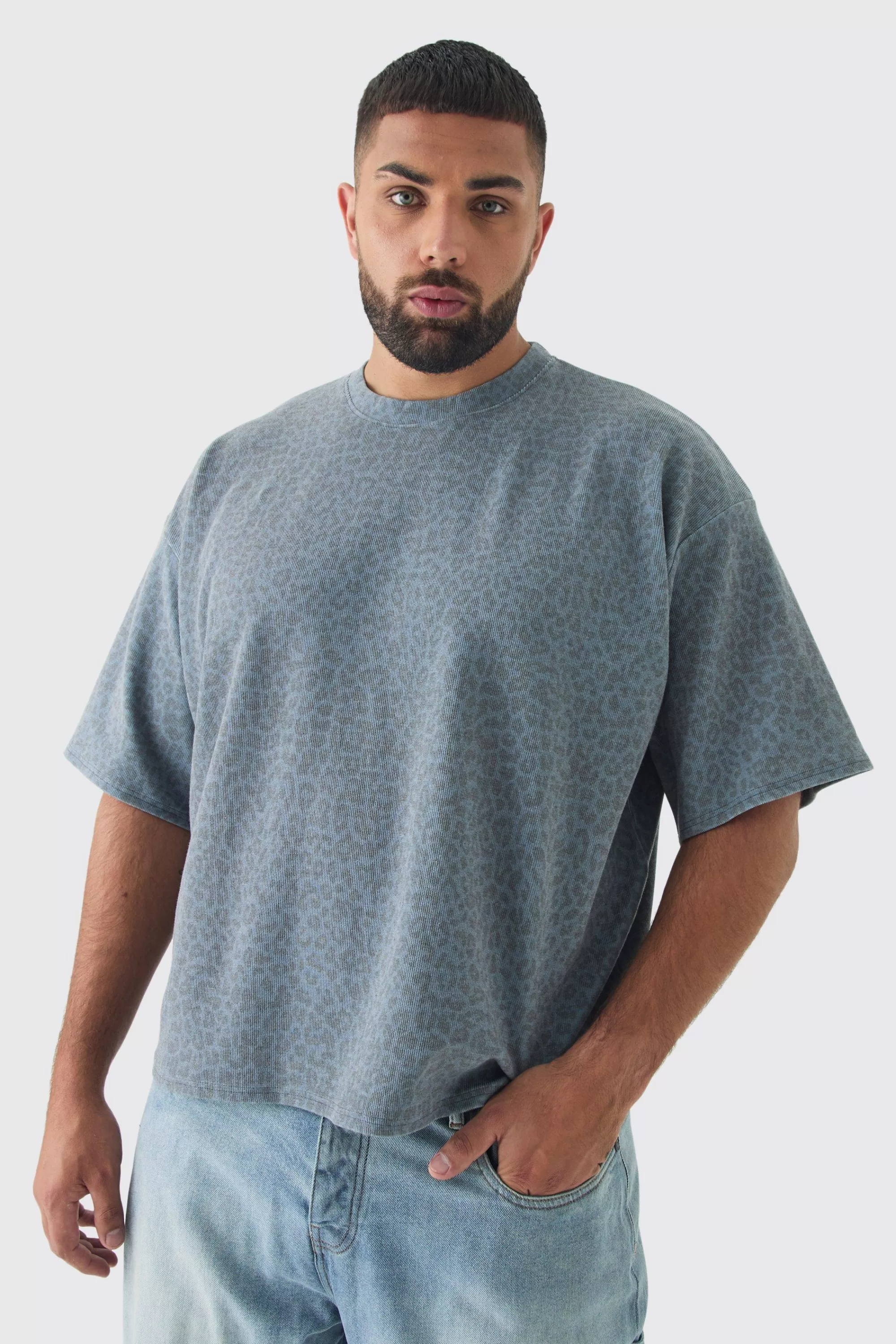 boohooMAN Plus Leopard Compact Rib Boxy Oversized T-Shirt | UK grey Cheap