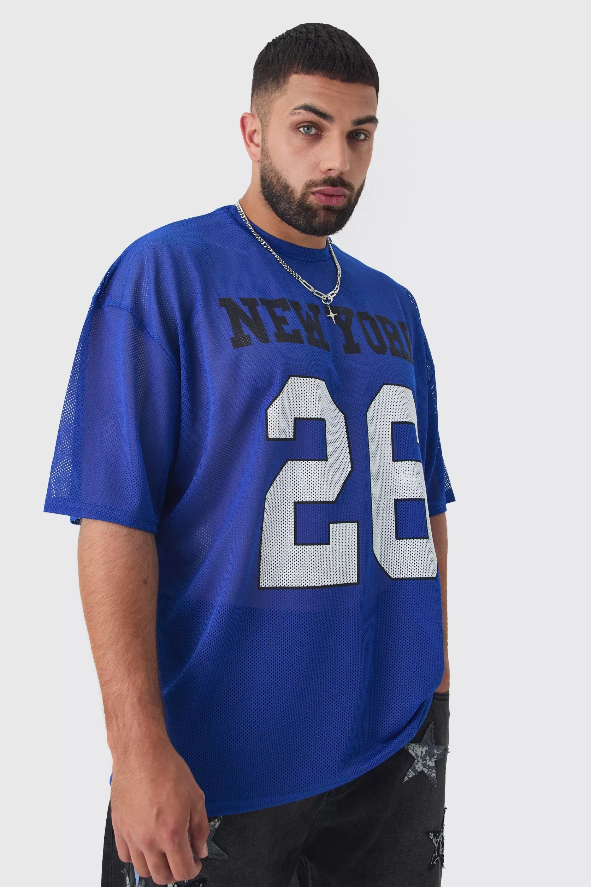 boohooMAN Plus New York Printed Mesh Varsity T-shirt In Blue | UK royal Discount