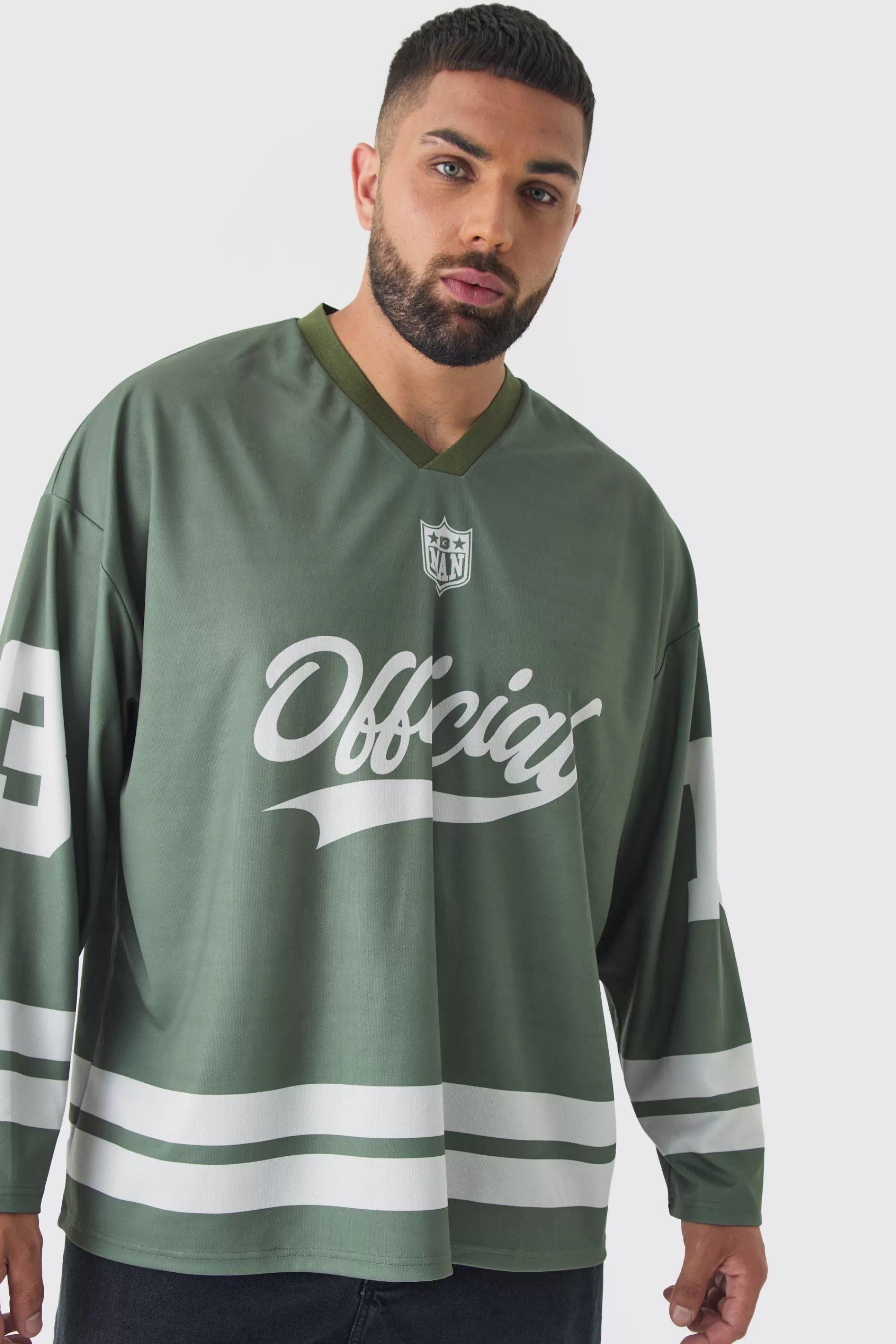 boohooMAN Plus Official 13 Oversized Hockey T-Shirt In Black | UK khaki Outlet
