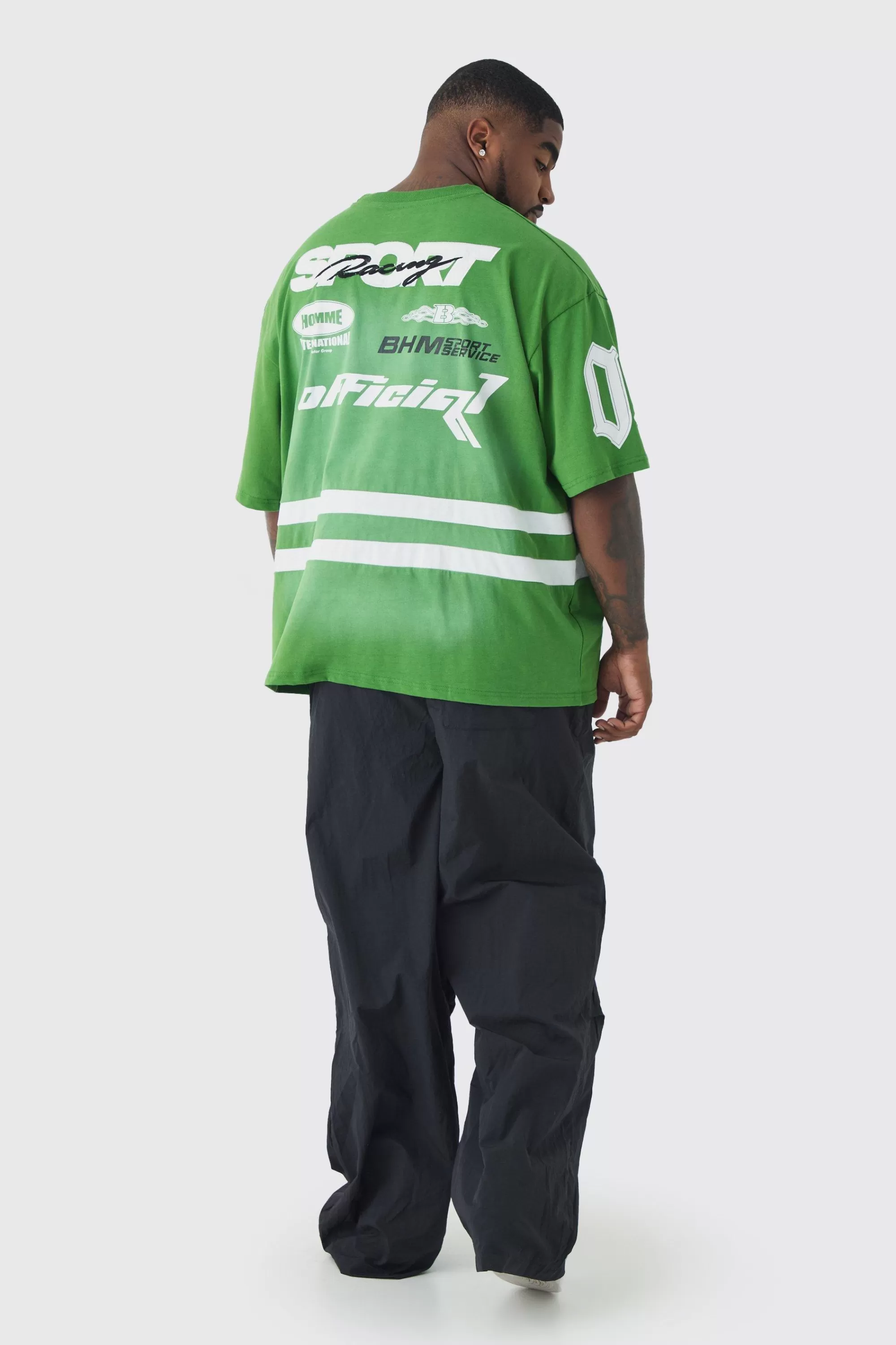 boohooMAN Plus Oversized Boxy Neck Washed Applique Moto T-shirt | UK green Online