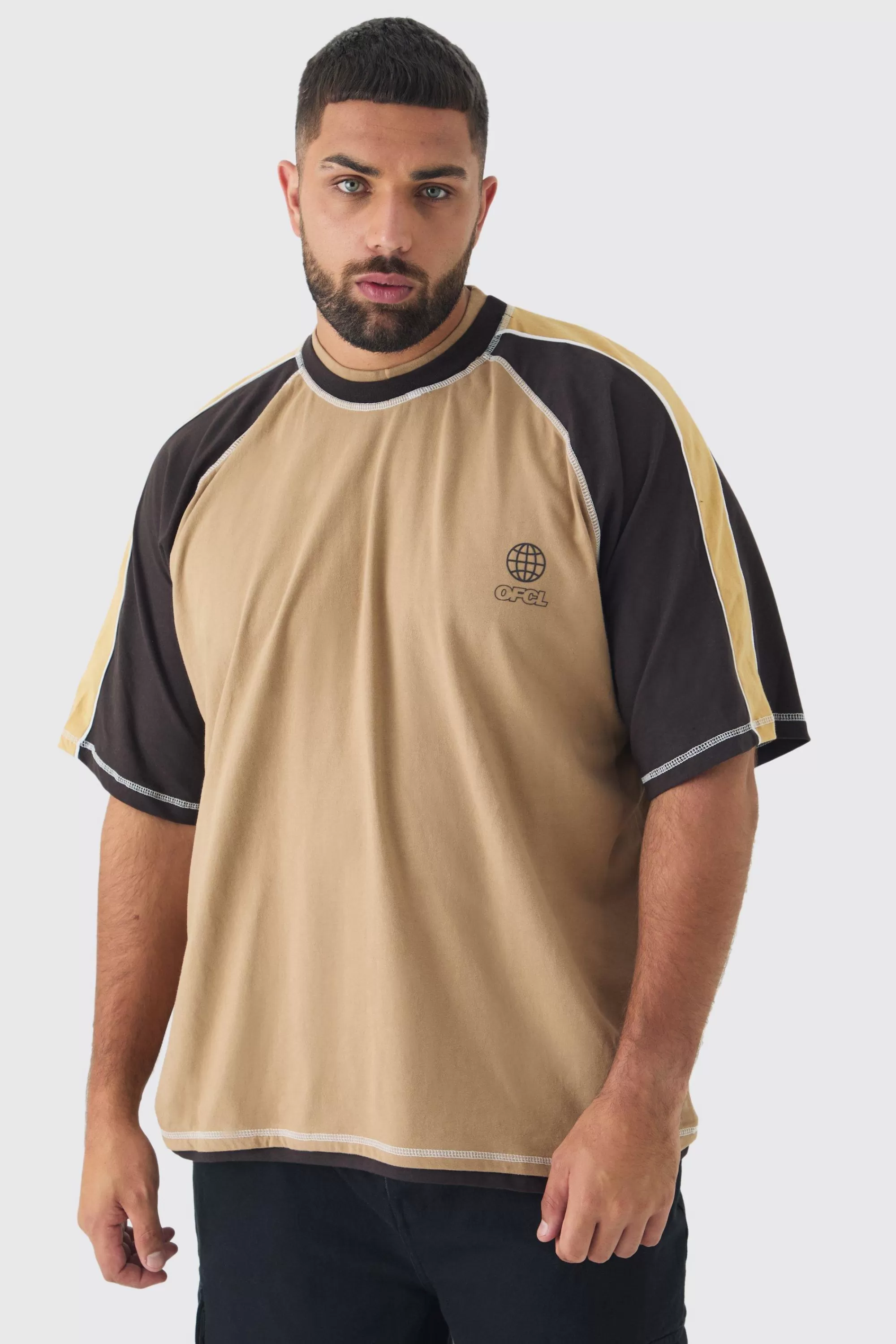 boohooMAN Plus Oversized Carded Heavy Panelled OFCL T-shirt | UK brown Hot