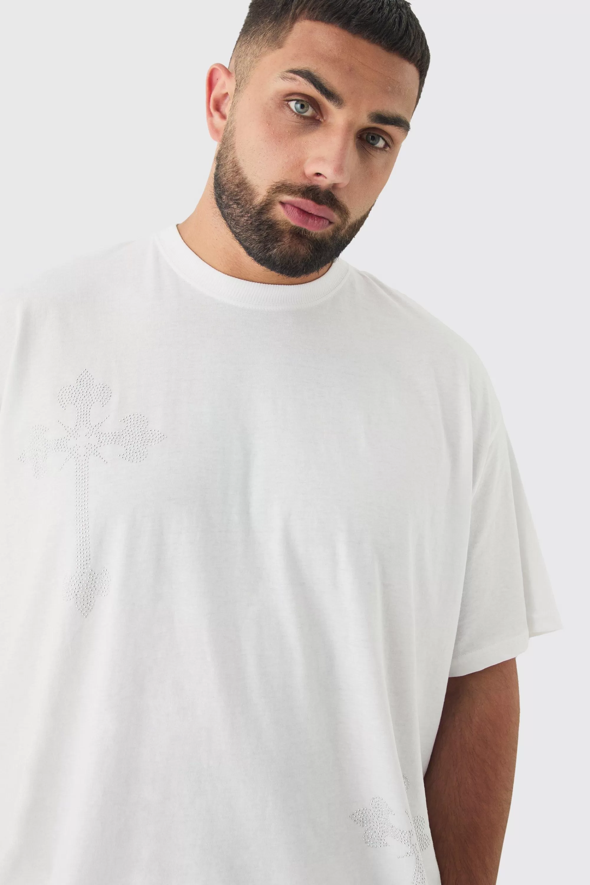 boohooMAN Plus Oversized Cross Rhinestone Printed T-Shirt In | UK white Shop