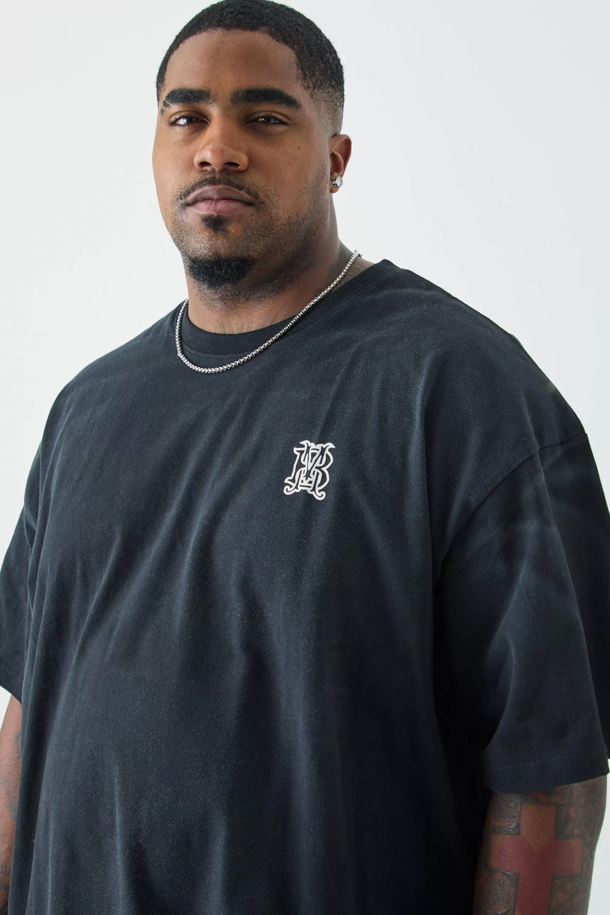 boohooMAN Plus Oversized Dark Tropics Wash T-shirt | UK black New