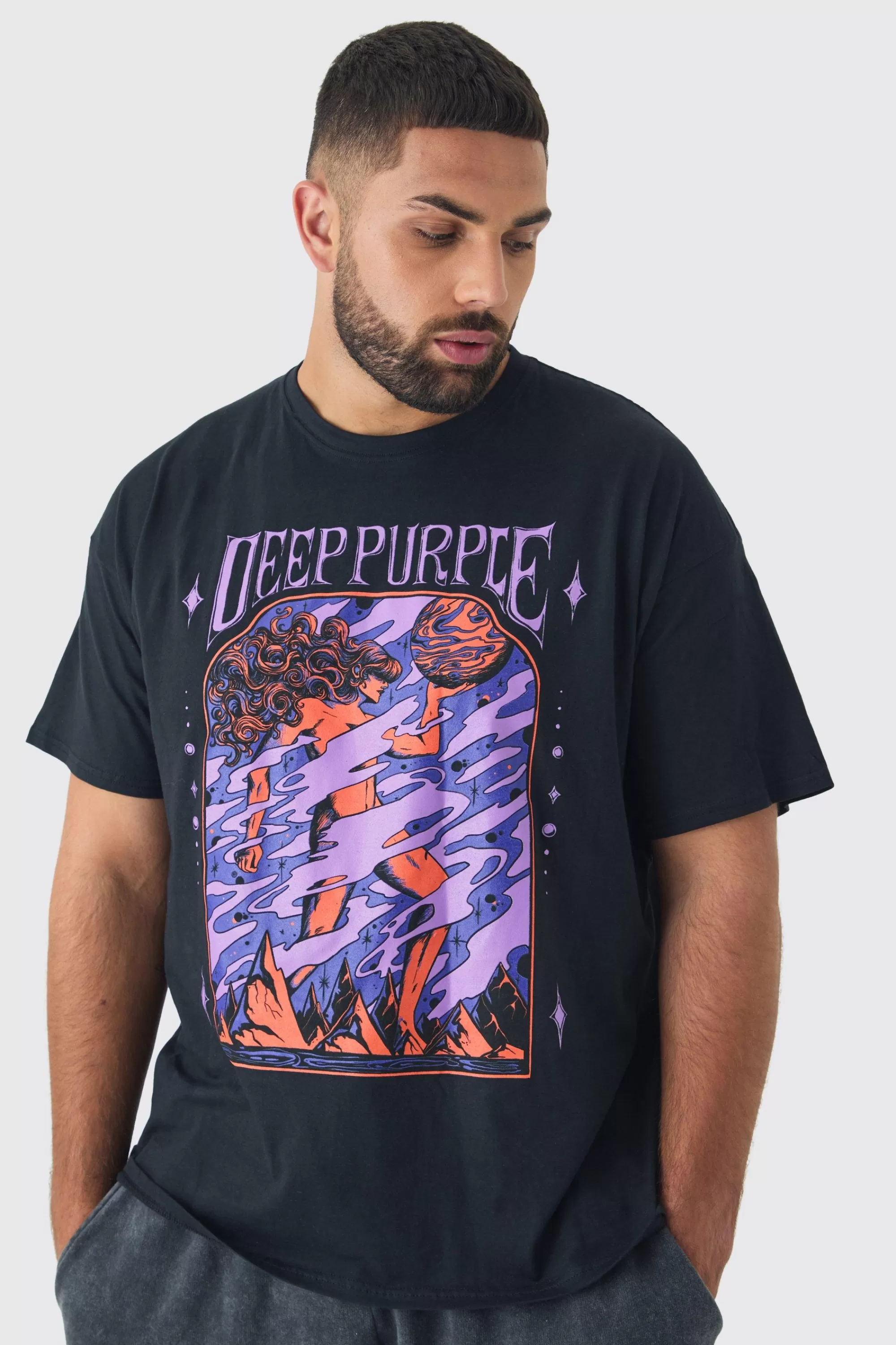 boohooMAN Plus Oversized Deep Purple Band License Print T-Shirt | UK black New