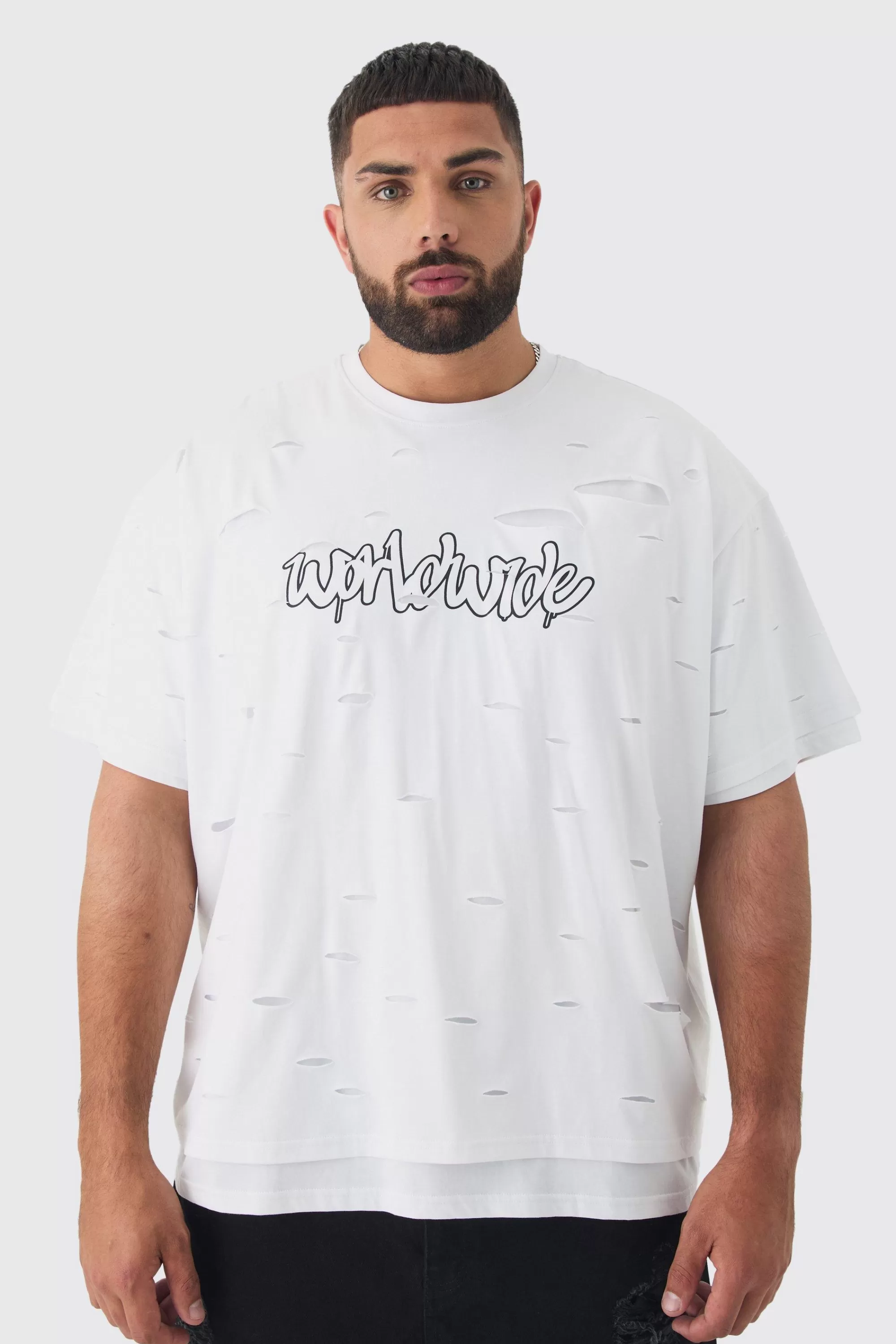 boohooMAN Plus Oversized Double Layer Worldwide T-shirt | UK white Shop