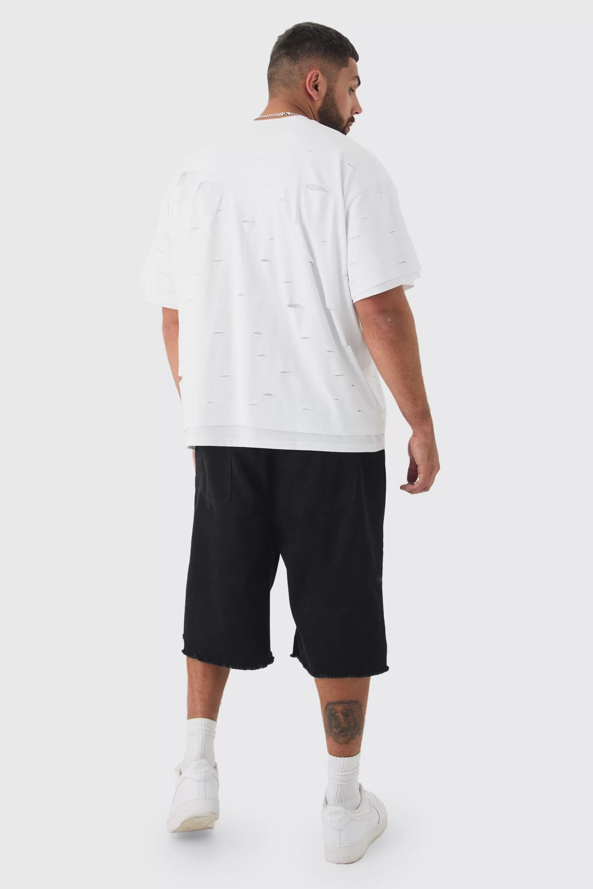 boohooMAN Plus Oversized Double Layer Worldwide T-shirt | UK white Shop