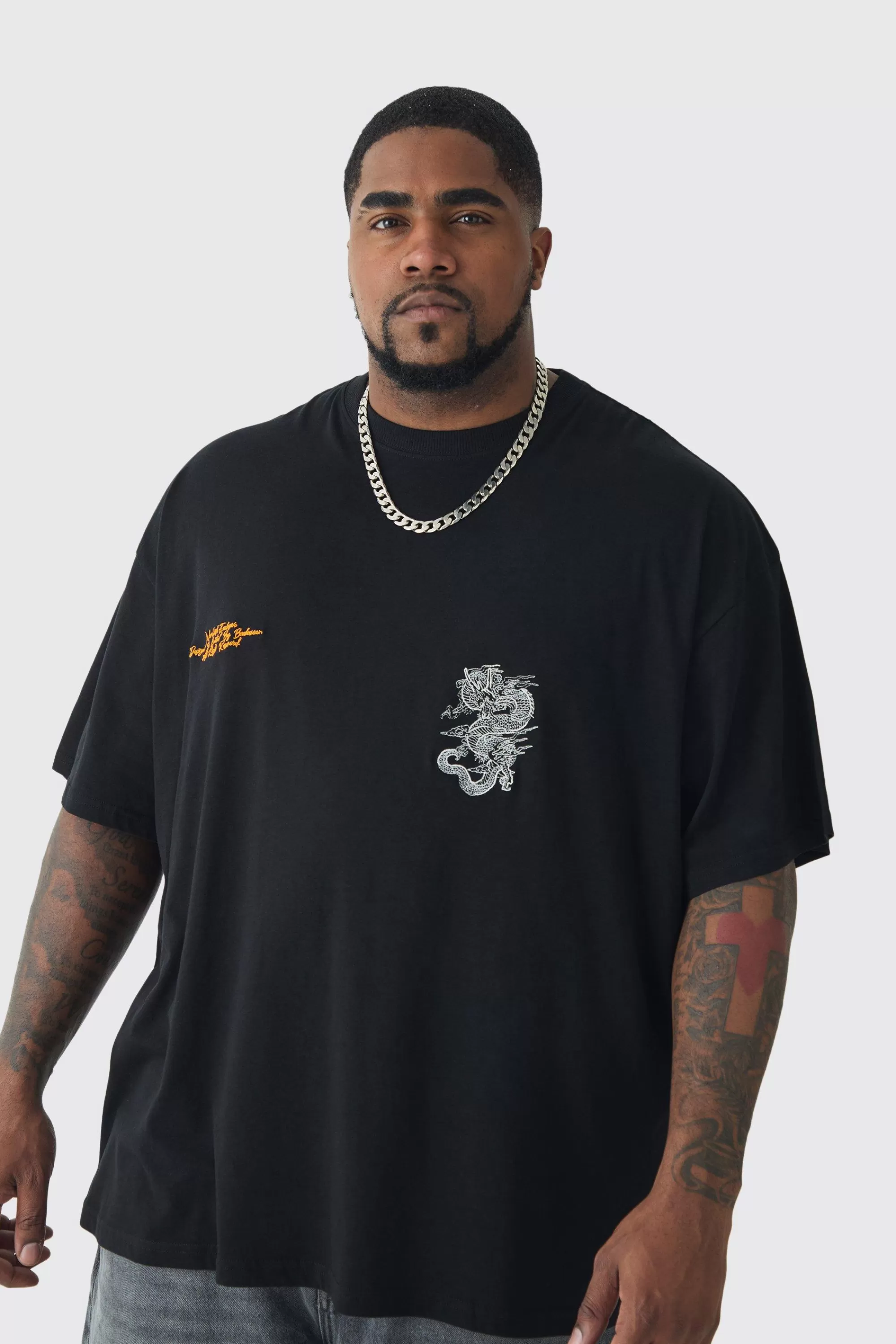 boohooMAN Plus Oversized Dragon Embroidered T-shirt | UK black Cheap