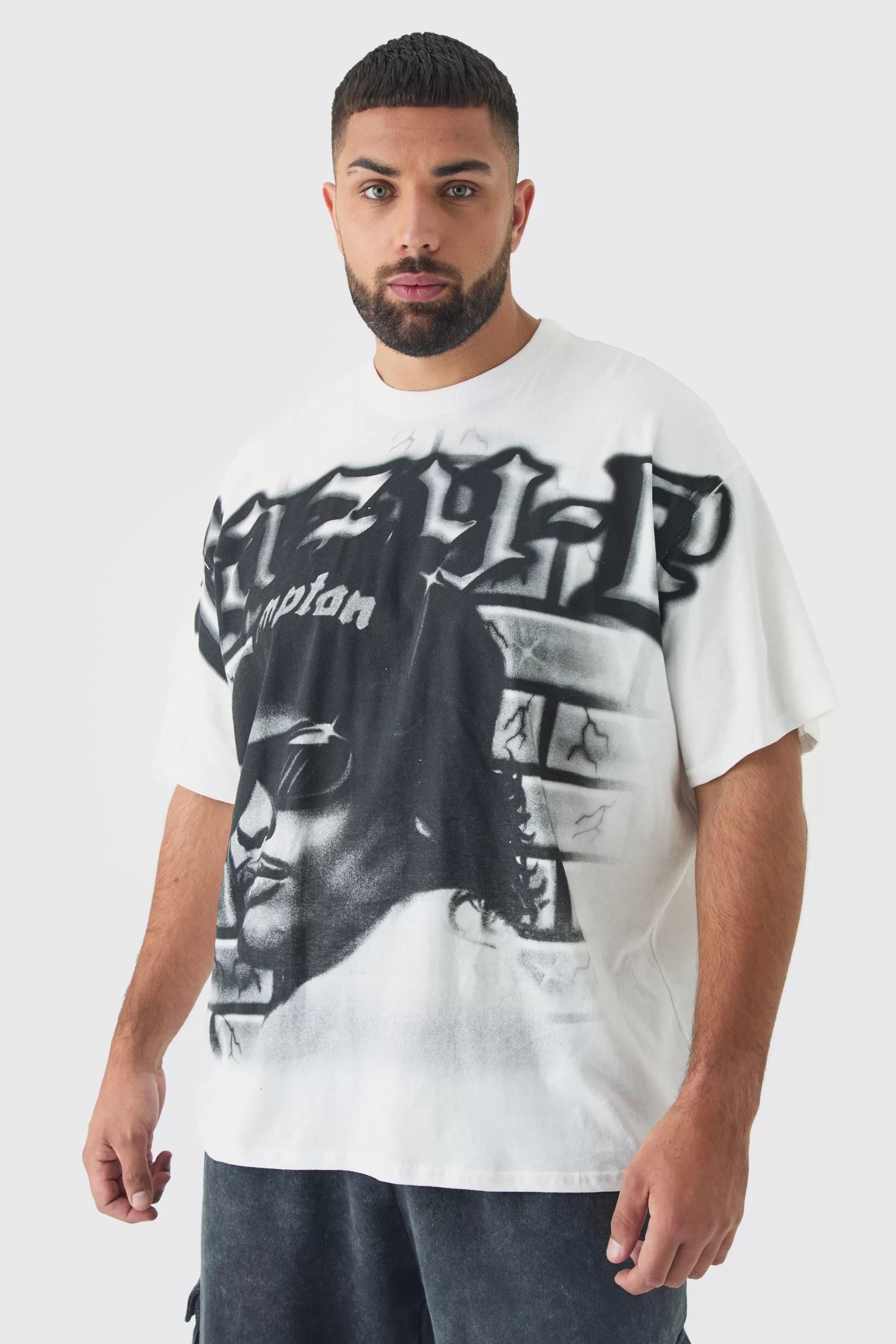 boohooMAN Plus Oversized Eazy E Large Scale License Print T-Shirt | UK white Best Sale