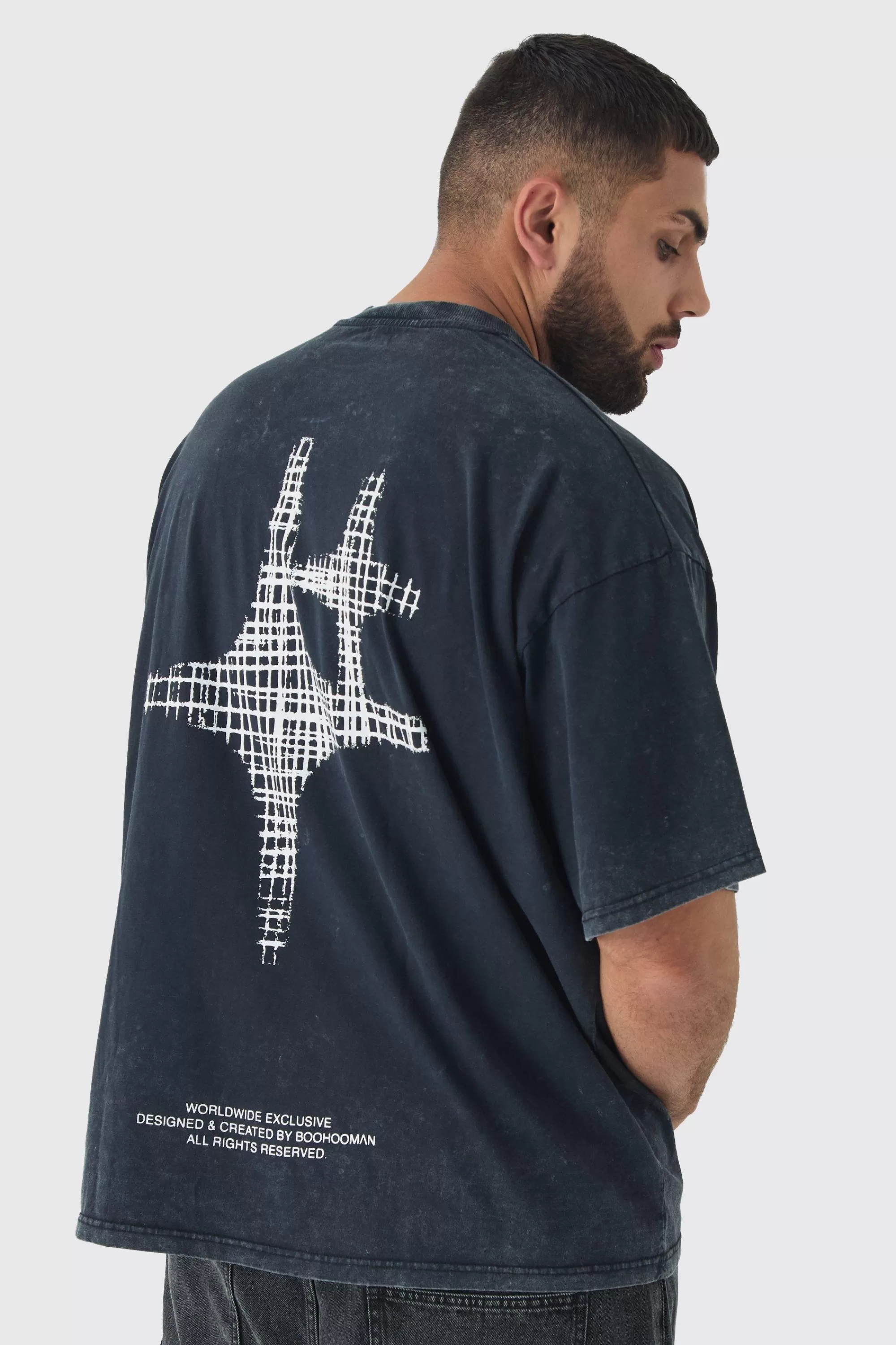 boohooMAN Plus Oversized Extended Neck Acid Wash Print T-shirt | UK charcoal Best