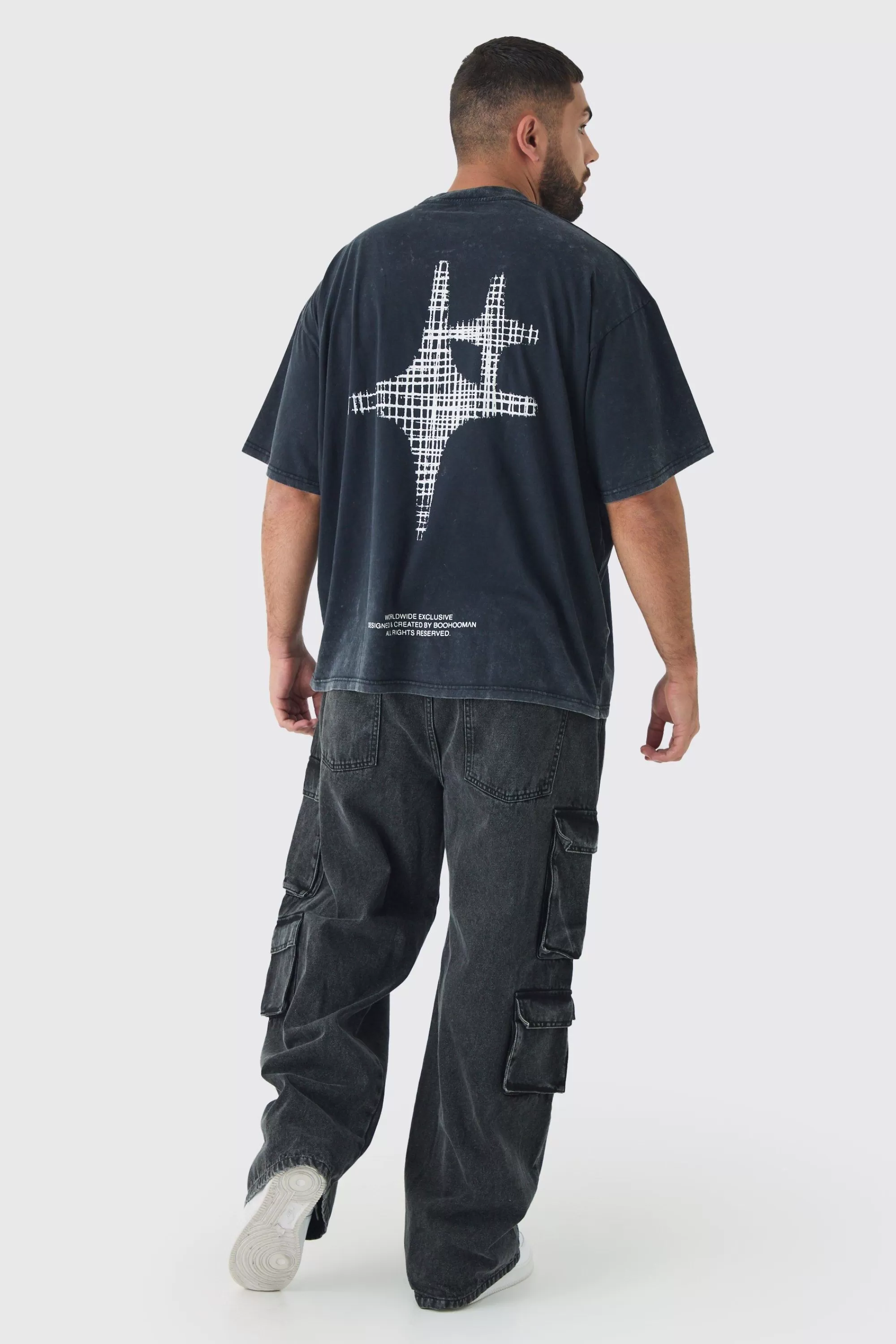 boohooMAN Plus Oversized Extended Neck Acid Wash Print T-shirt | UK charcoal Best