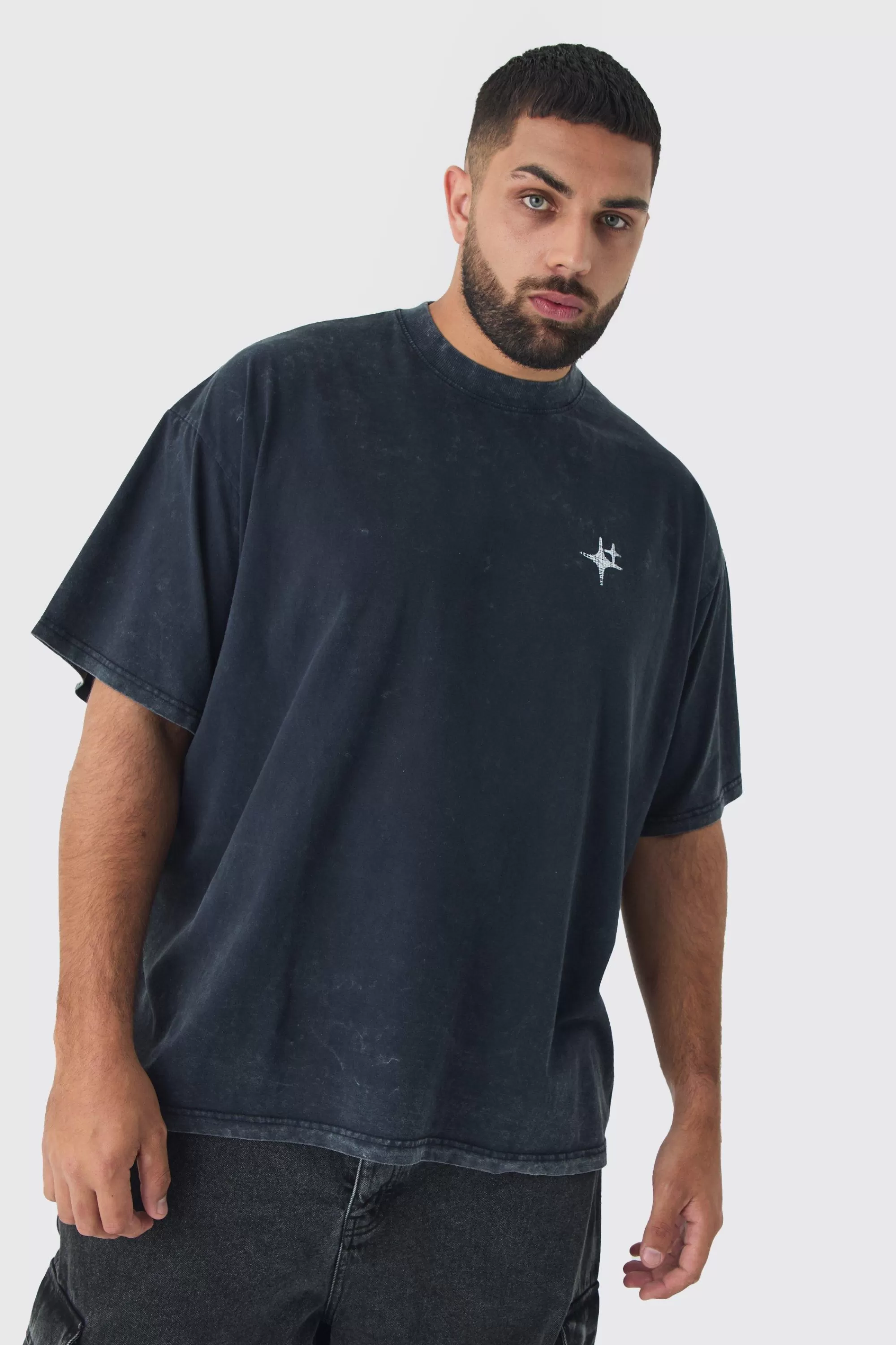 boohooMAN Plus Oversized Extended Neck Acid Wash Print T-shirt | UK charcoal Best