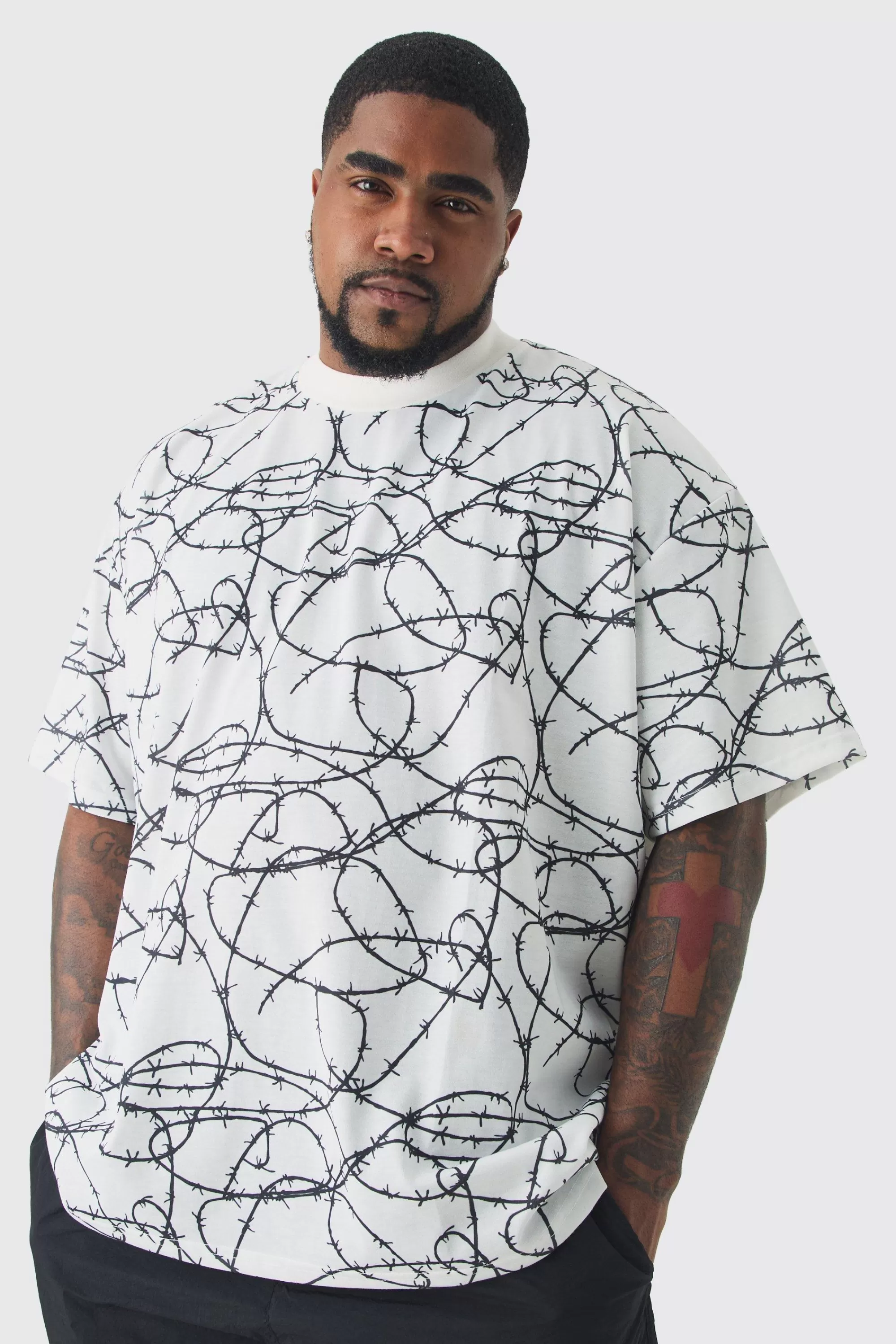 boohooMAN Plus Oversized Extended Neck Barbwire Graphic T-shirt | UK white Sale