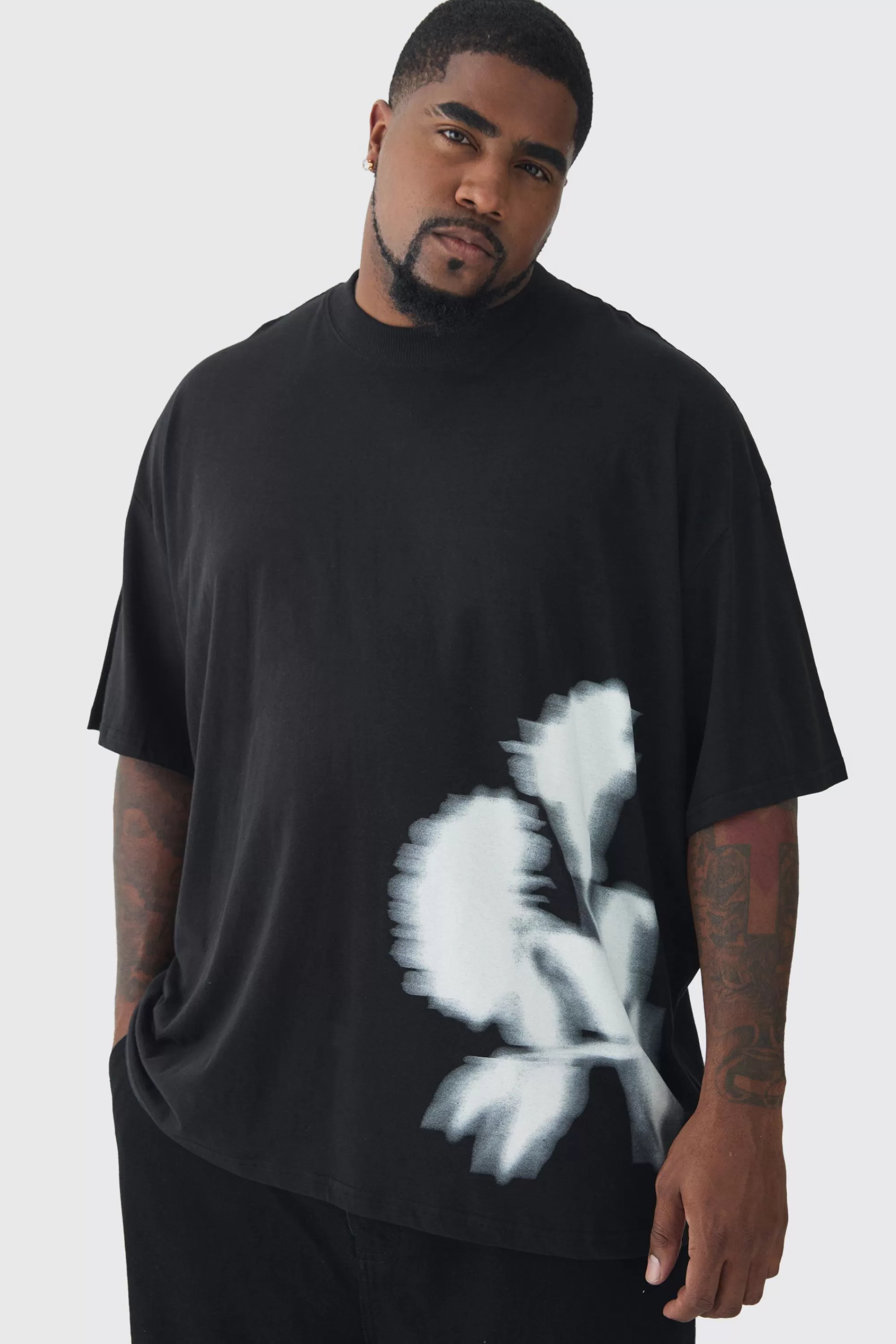 boohooMAN Plus Oversized Extended Neck Blurred Floral T-Shirt | UK black Online