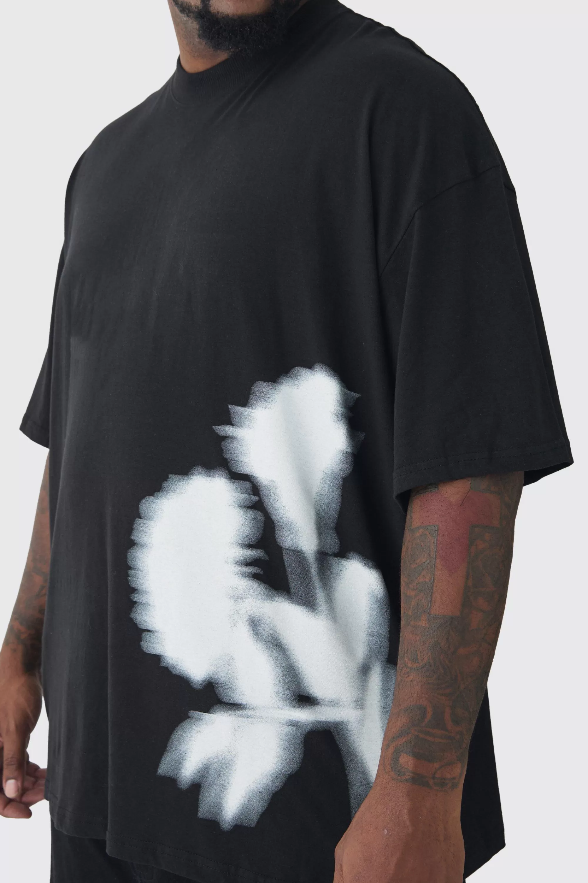 boohooMAN Plus Oversized Extended Neck Blurred Floral T-Shirt | UK black Online