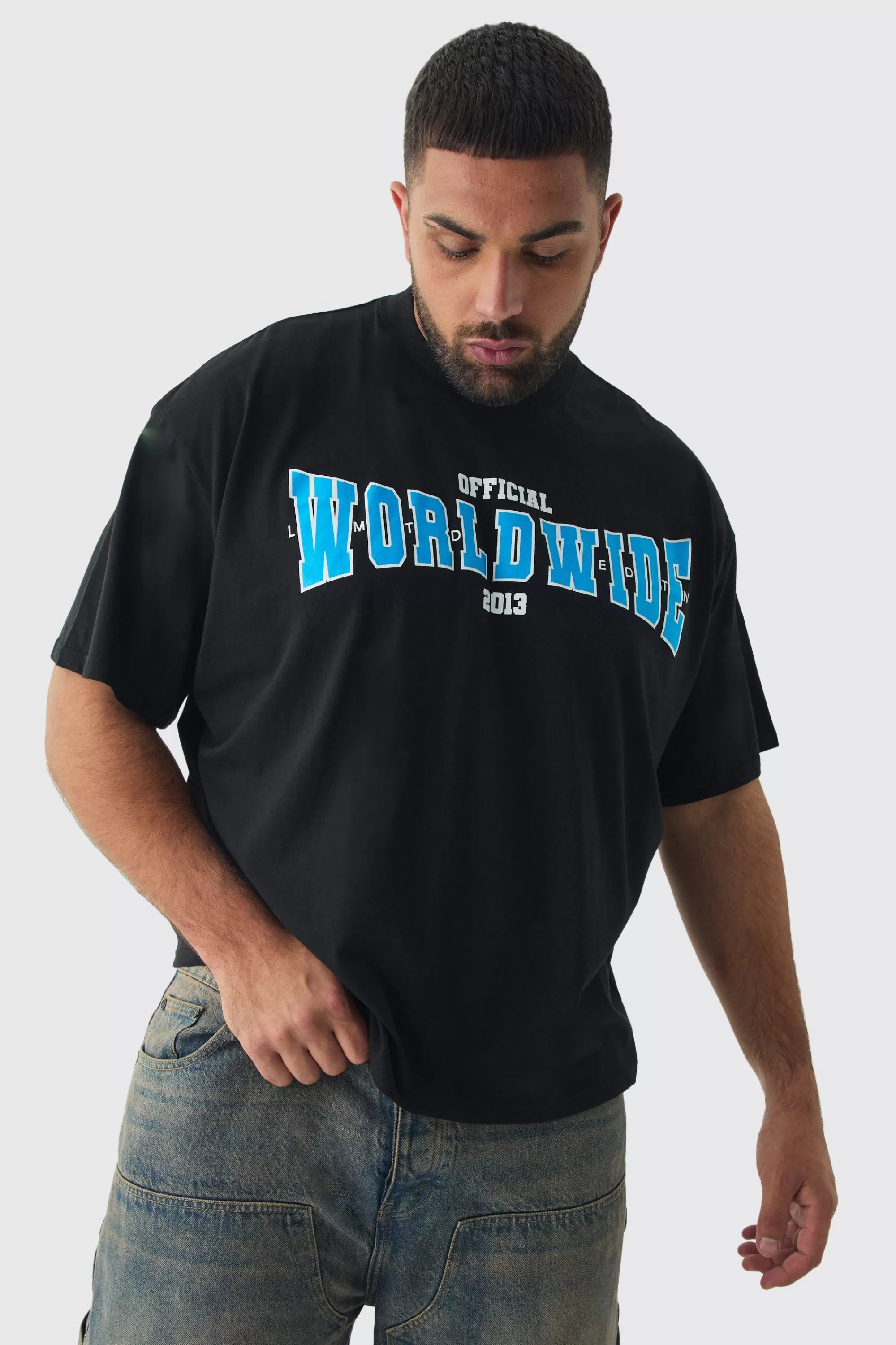boohooMAN Plus Oversized Extended Neck Boxy Worldwide Print T-Shirt | UK black Cheap