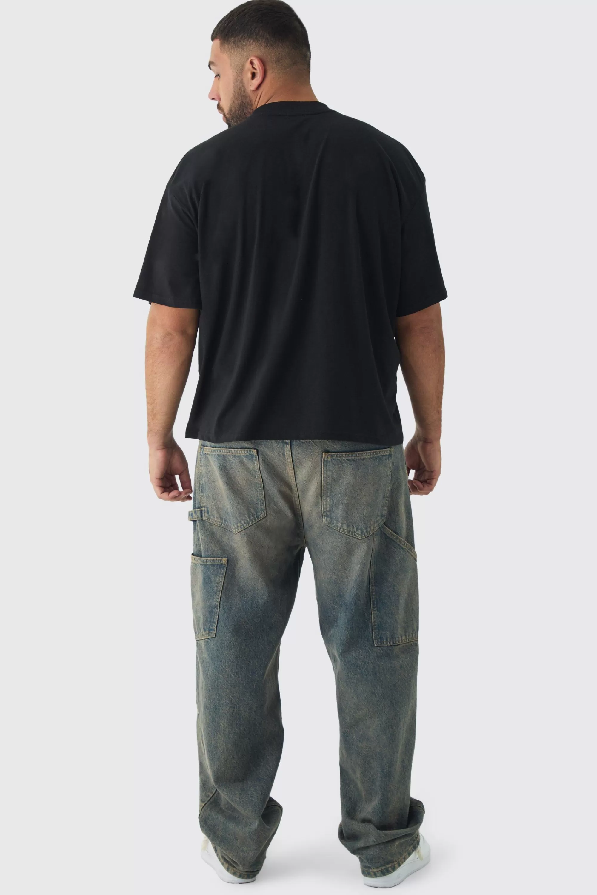 boohooMAN Plus Oversized Extended Neck Boxy Worldwide Print T-Shirt | UK black Cheap